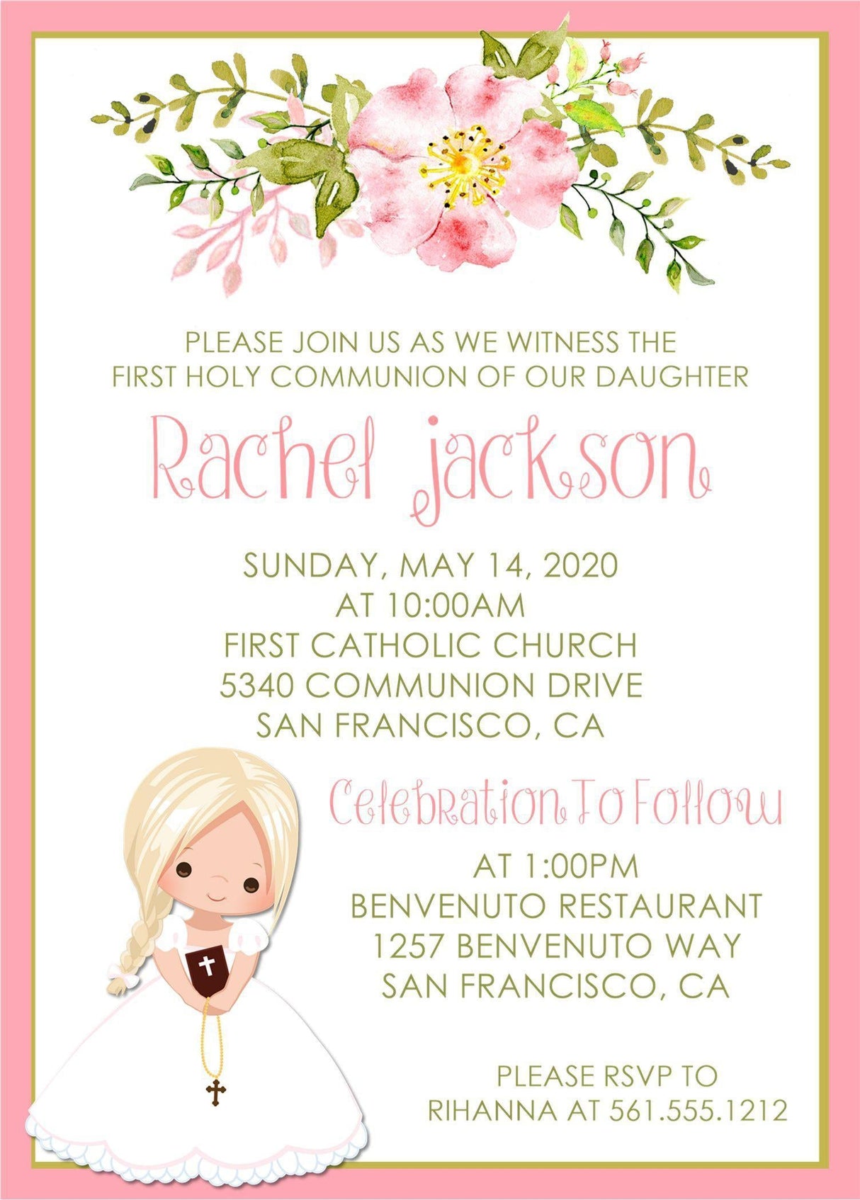 Girls Pink Floral First Communion Invitations