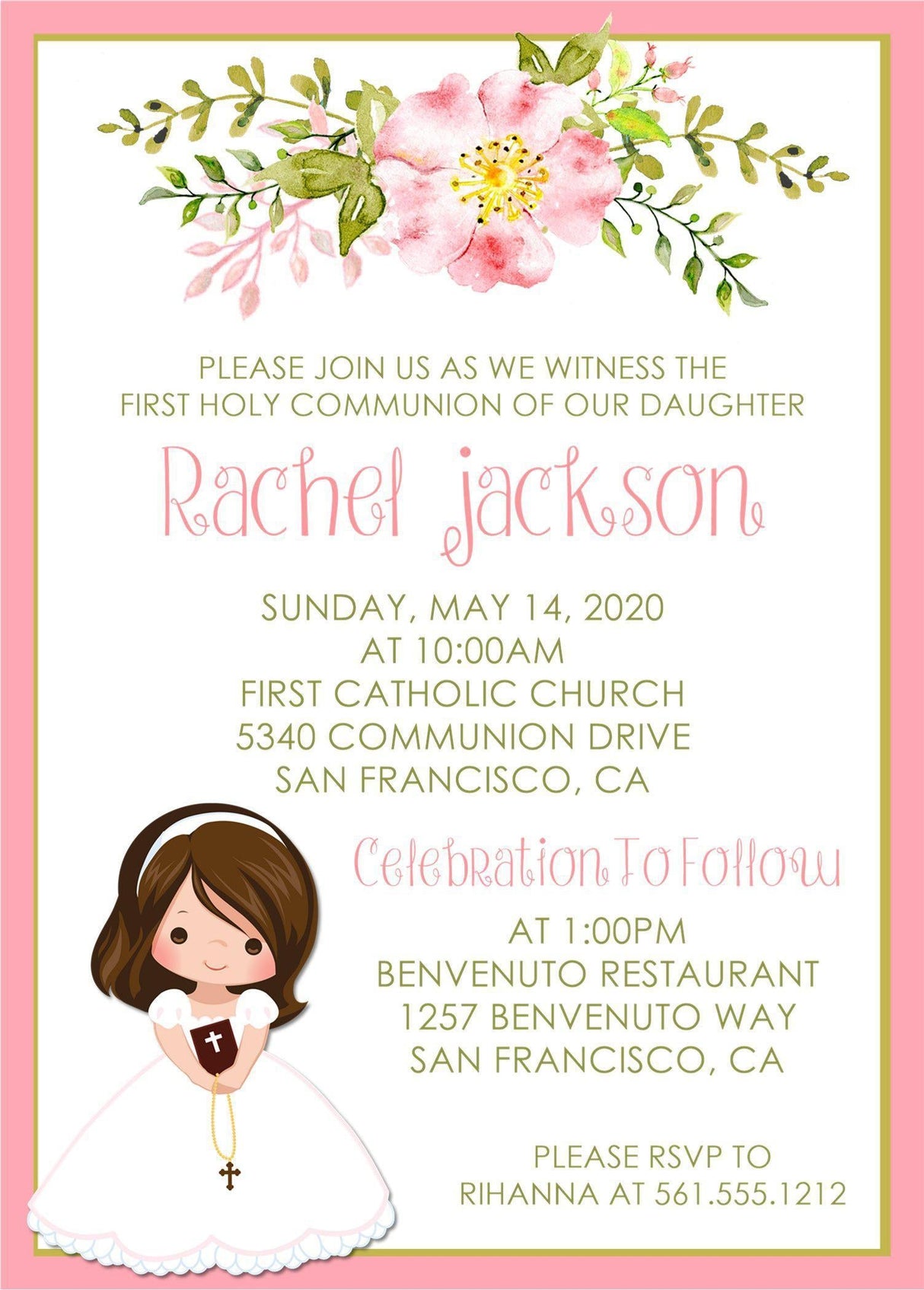 Girls Pink Floral First Communion Invitations