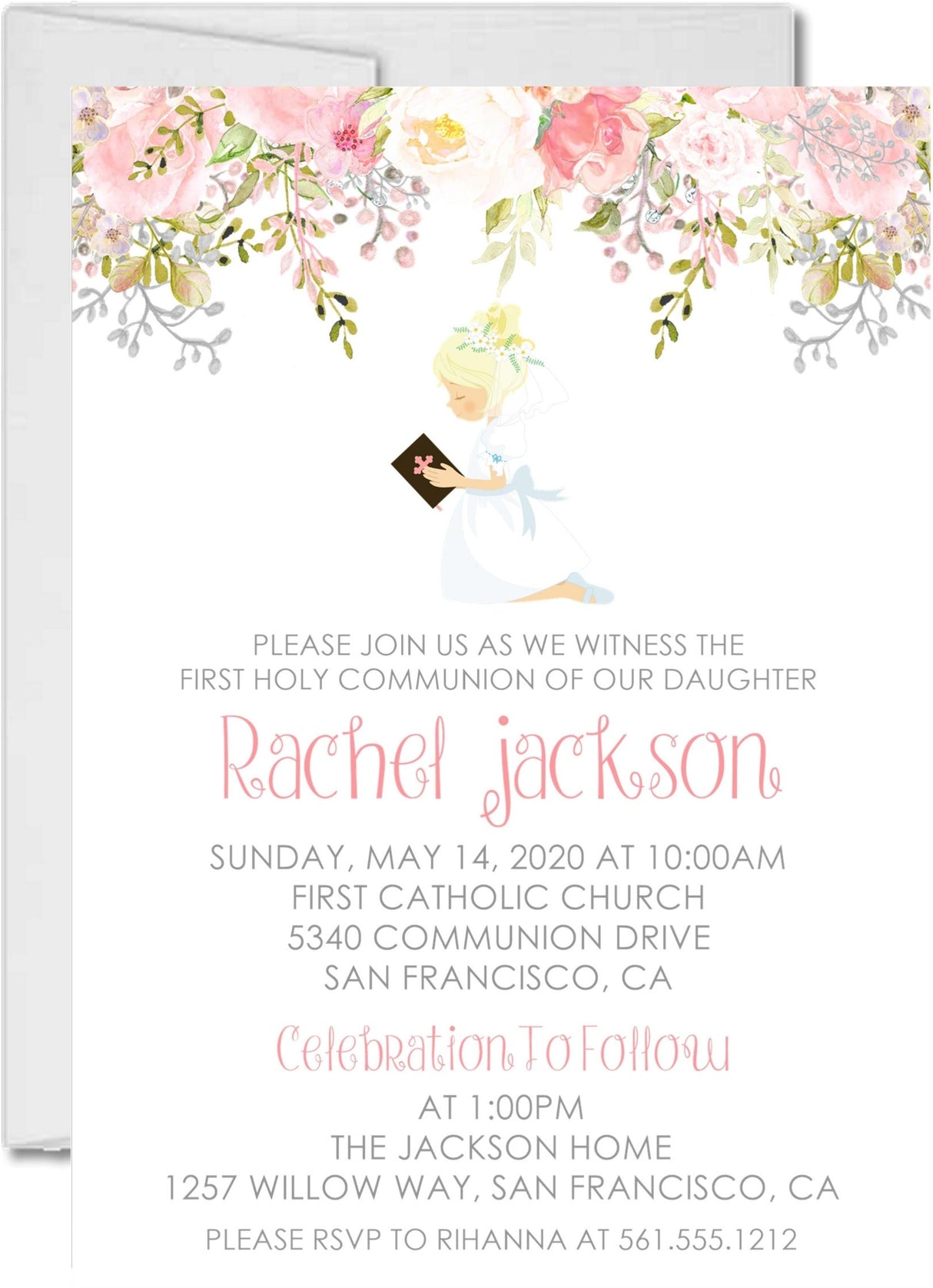Girls Pink Floral First Communion Invitations