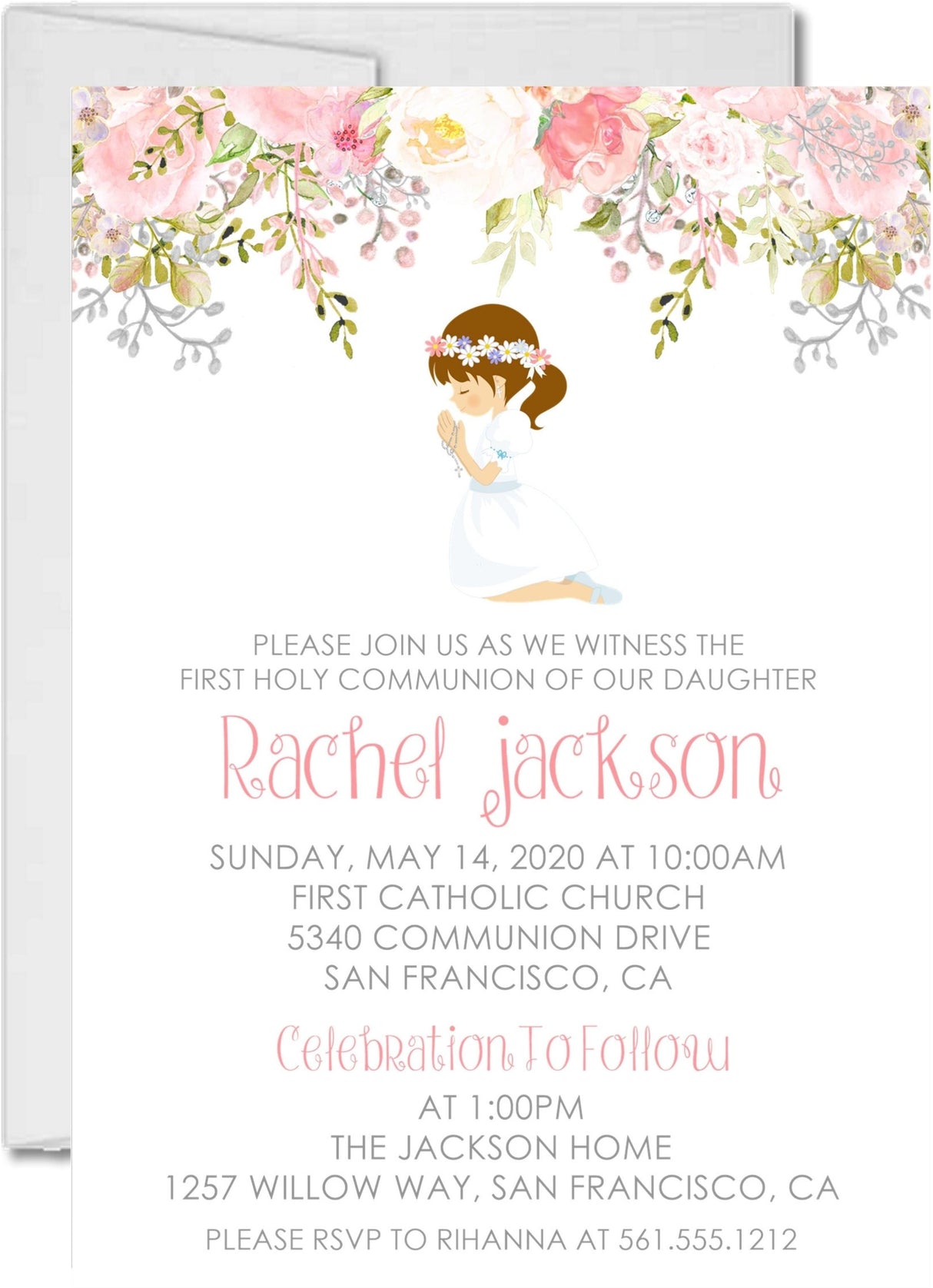 Girls Pink Floral First Communion Invitations