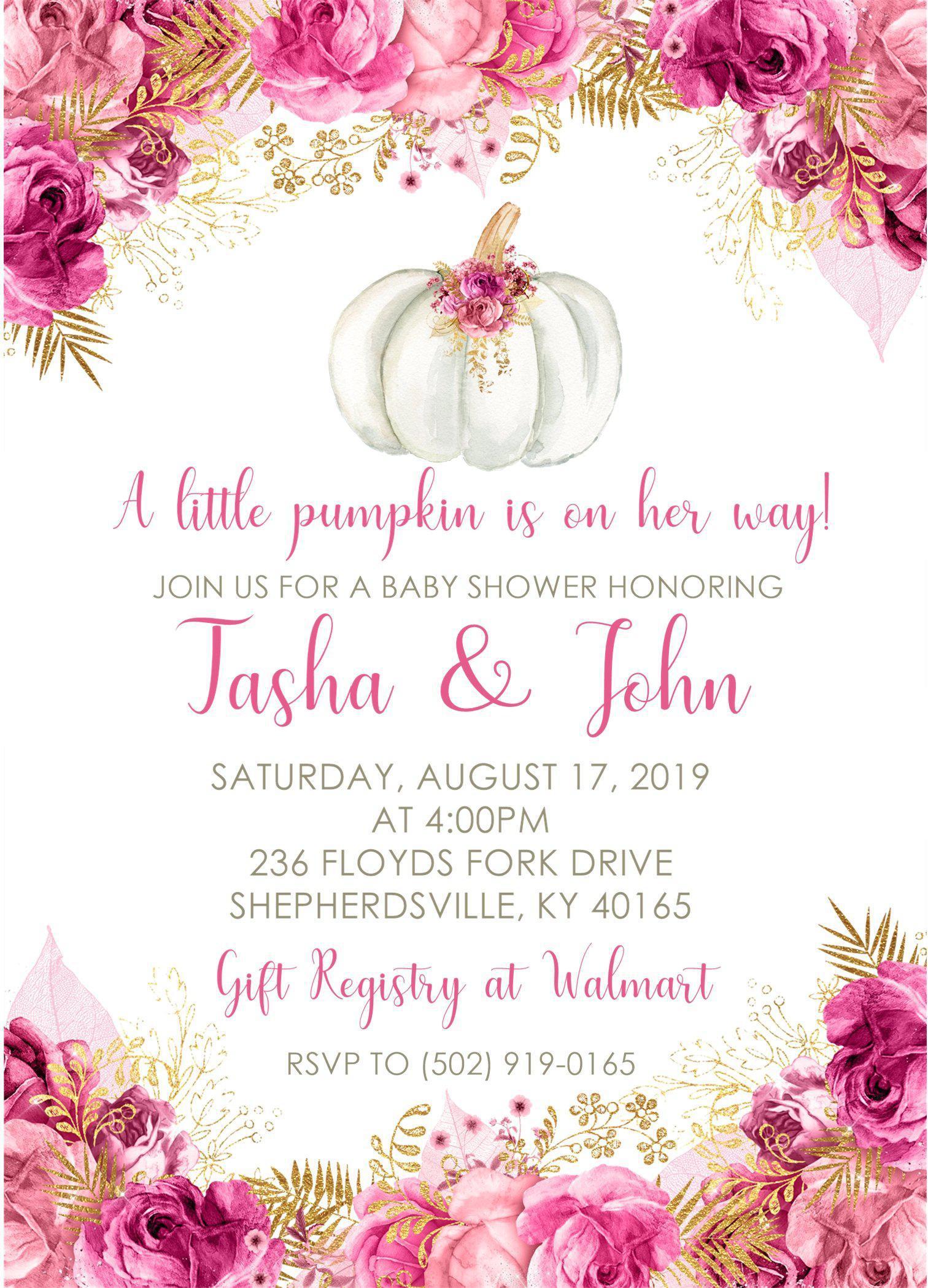 Girls Pink & Gold Pumpkin Fall Baby Shower Invitations