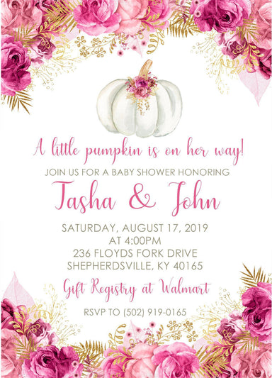 Girls Pink & Gold Pumpkin Fall Baby Shower Invitations