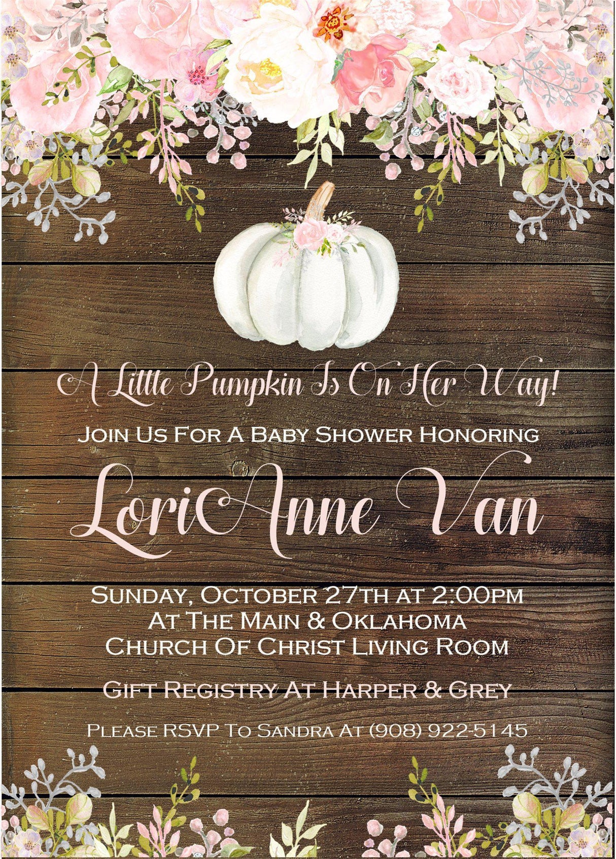 Girls Pink Pumpkin Fall Baby Shower Invitations
