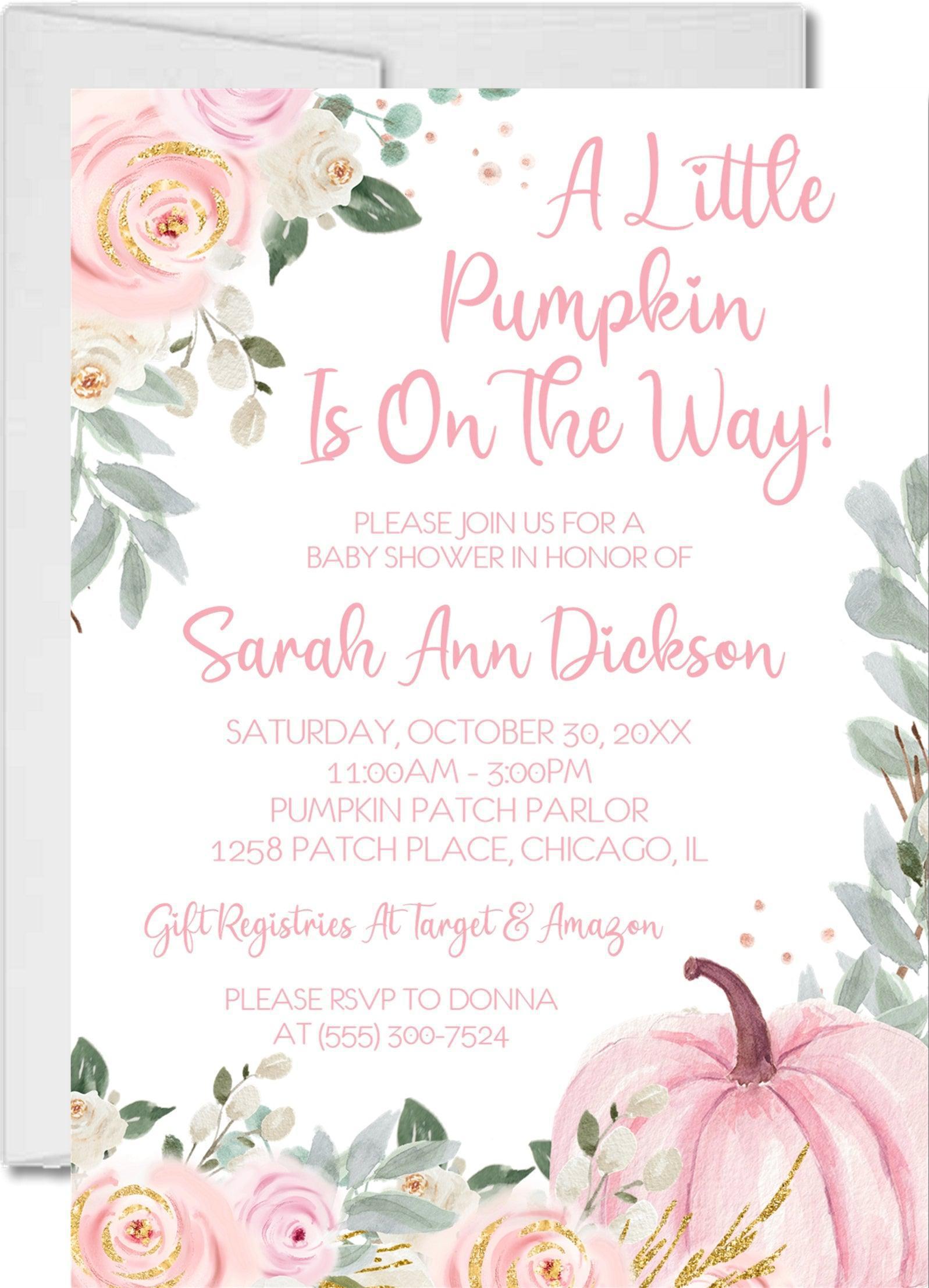 Girls Pink Pumpkin Fall Baby Shower Invitations