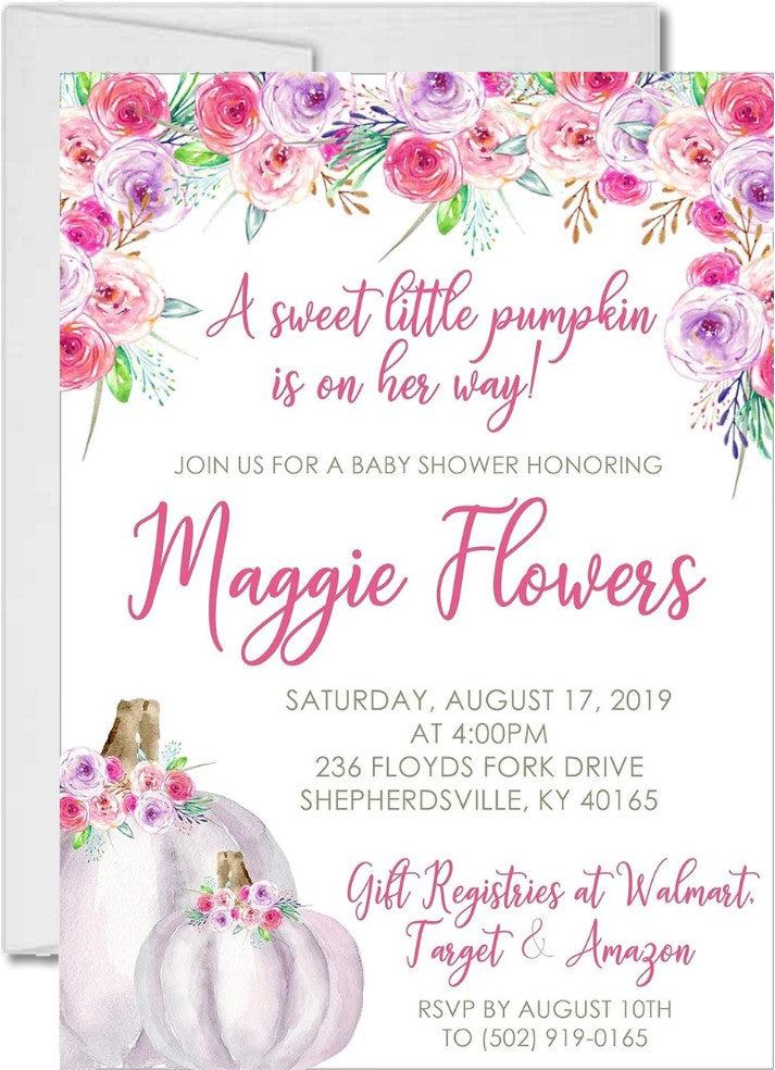 Girls Pink & Purple Pumpkin Fall Baby Shower Invitations