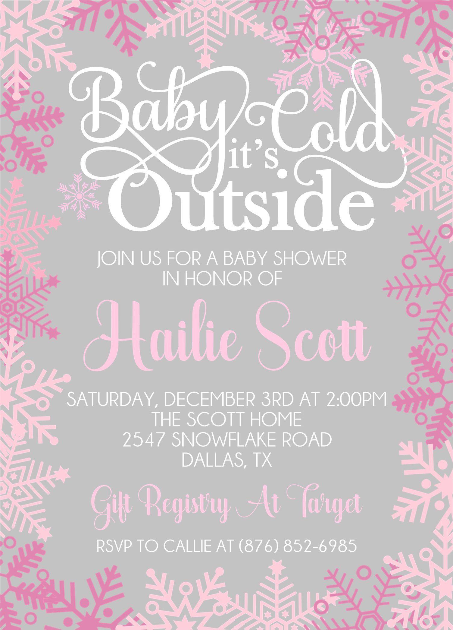 Girls Pink Winter Snowflake Baby Shower Invitations