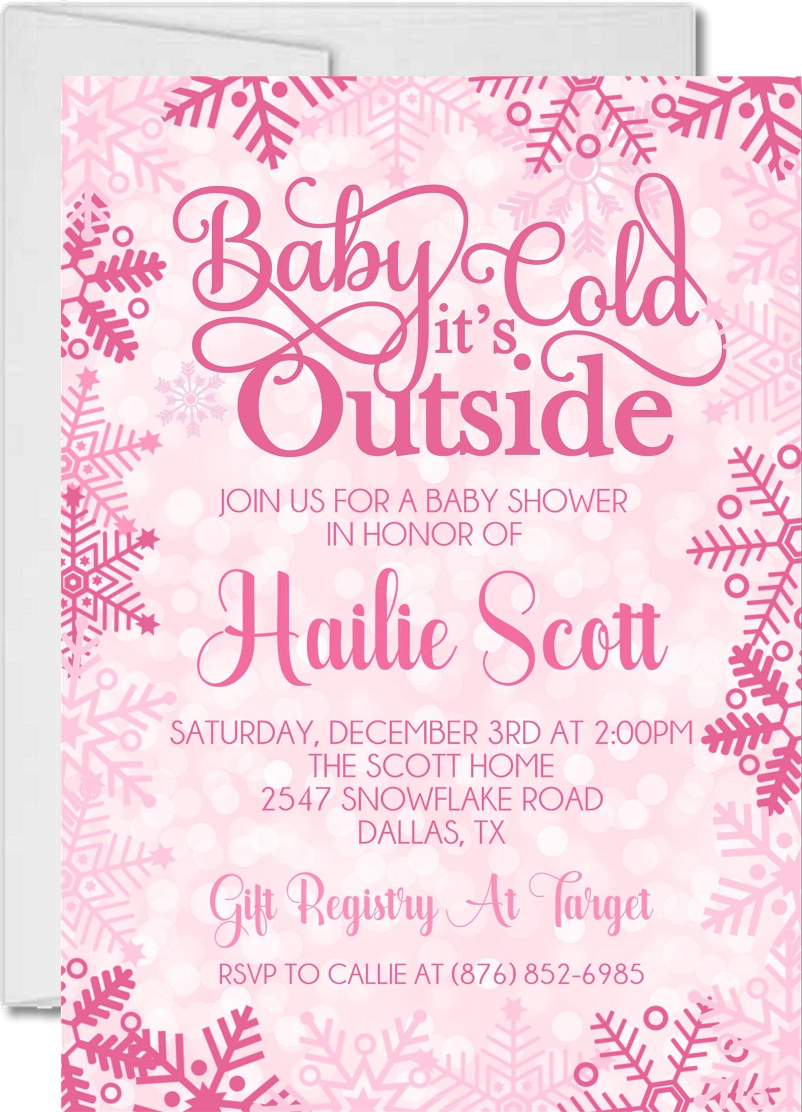 Girls Pink Winter Snowflake Baby Shower Invitations