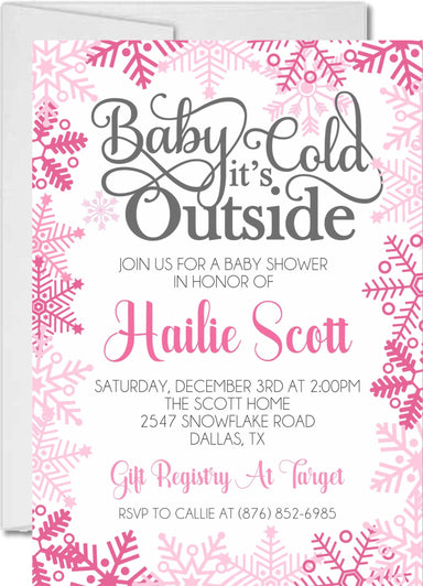 Girls Pink Winter Snowflake Baby Shower Invitations