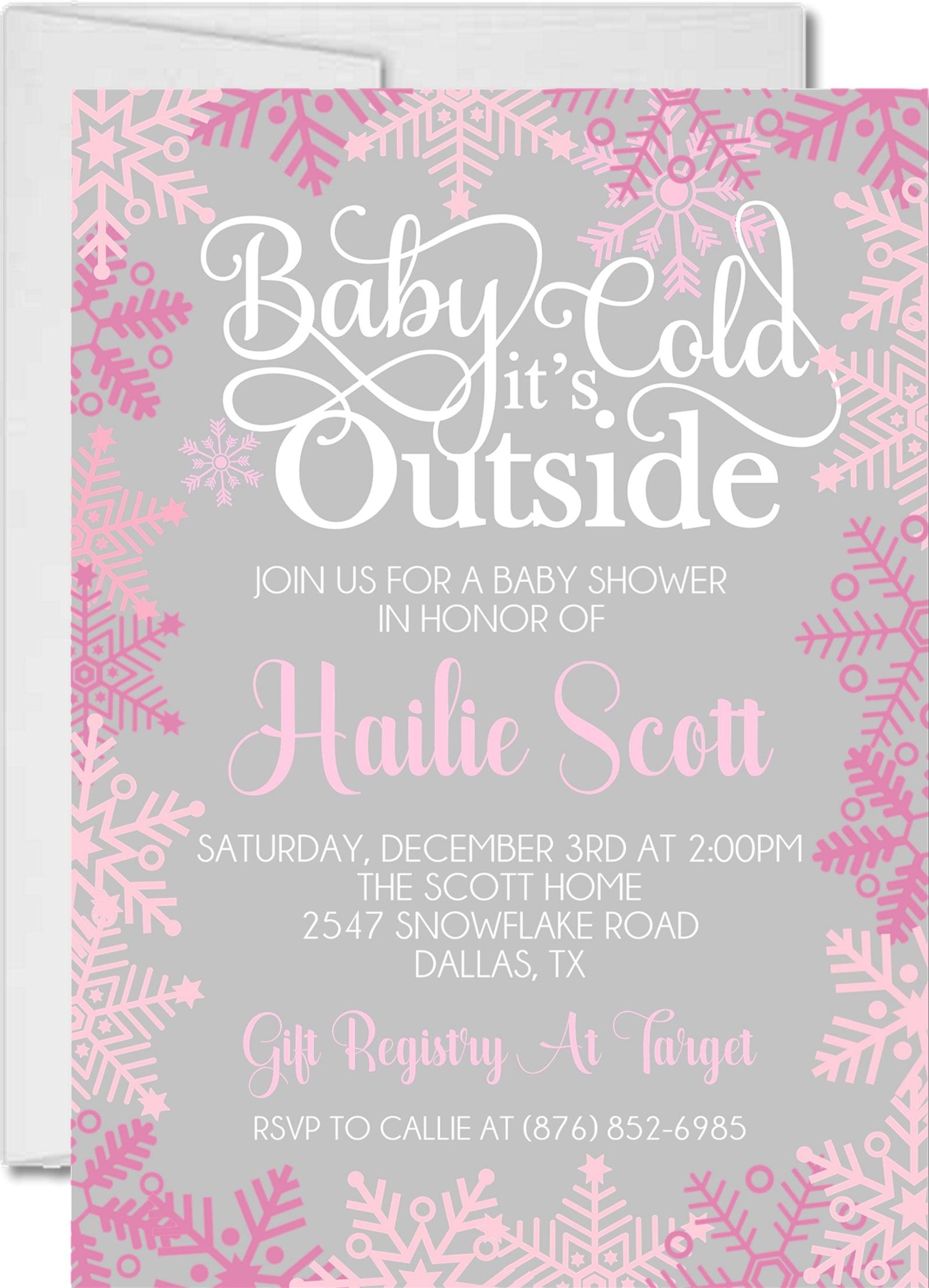 Girls Pink Winter Snowflake Baby Shower Invitations