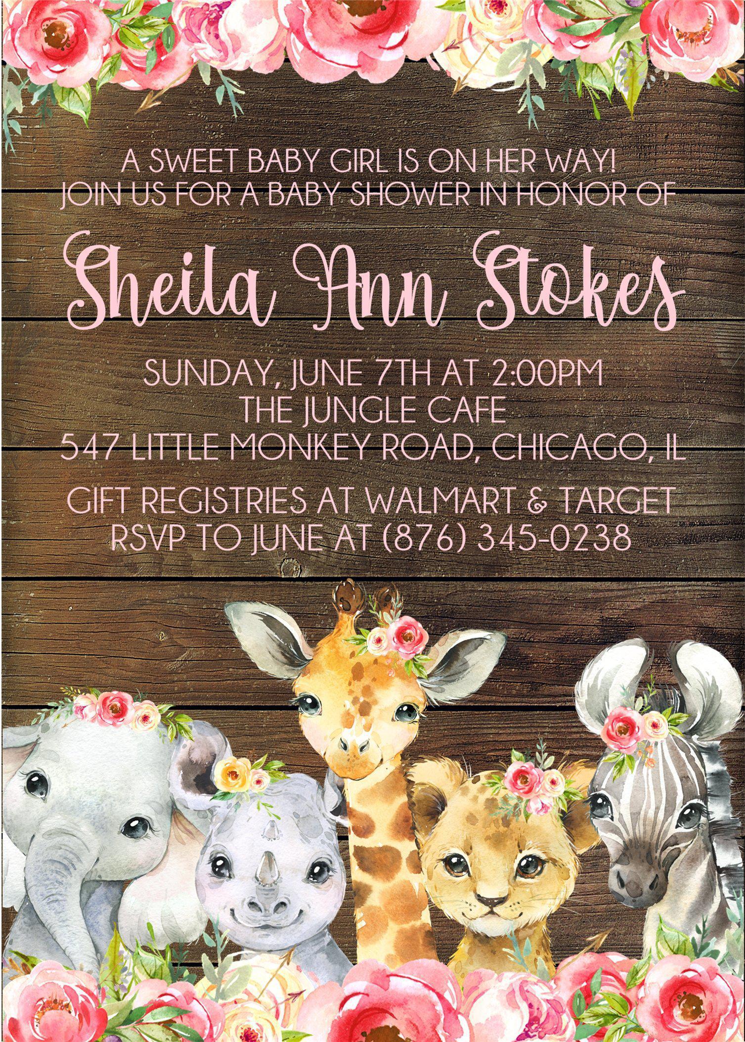 Girls Safari Animals Baby Shower Invitations