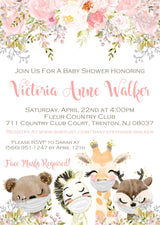 Girls Safari Animals Baby Shower Invitations