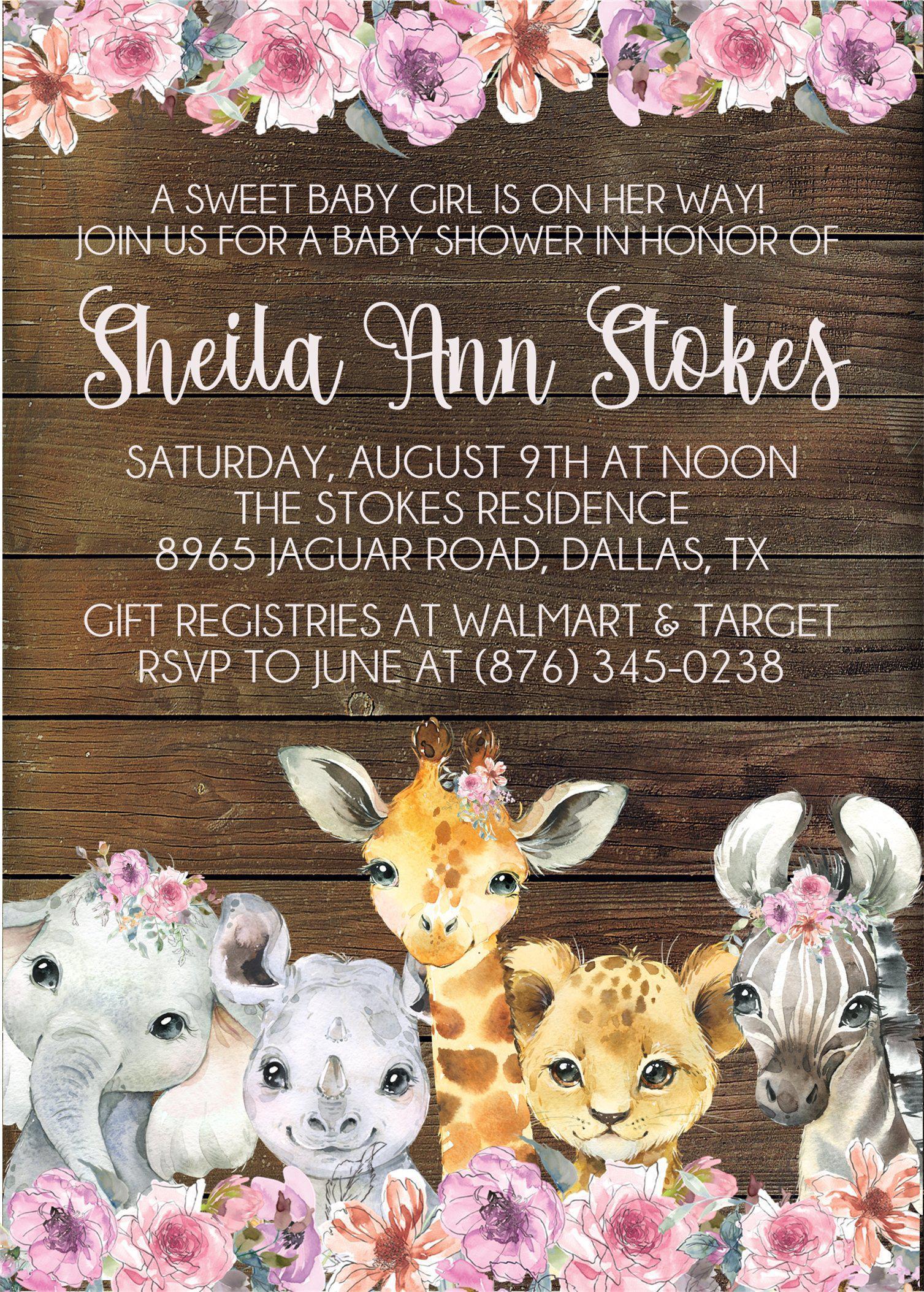 Girls Safari Animals Baby Shower Invitations