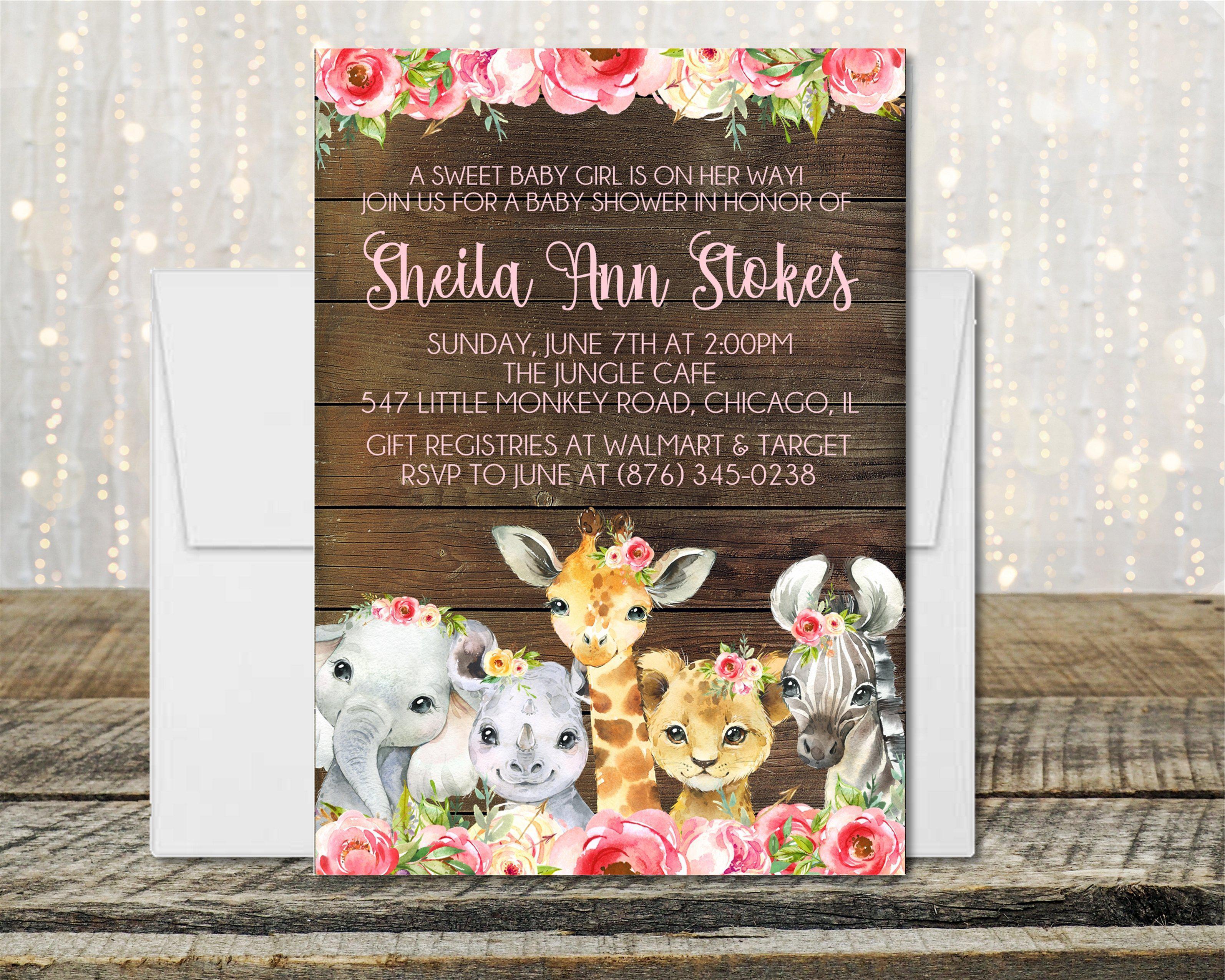 Girls Safari Animals Baby Shower Invitations