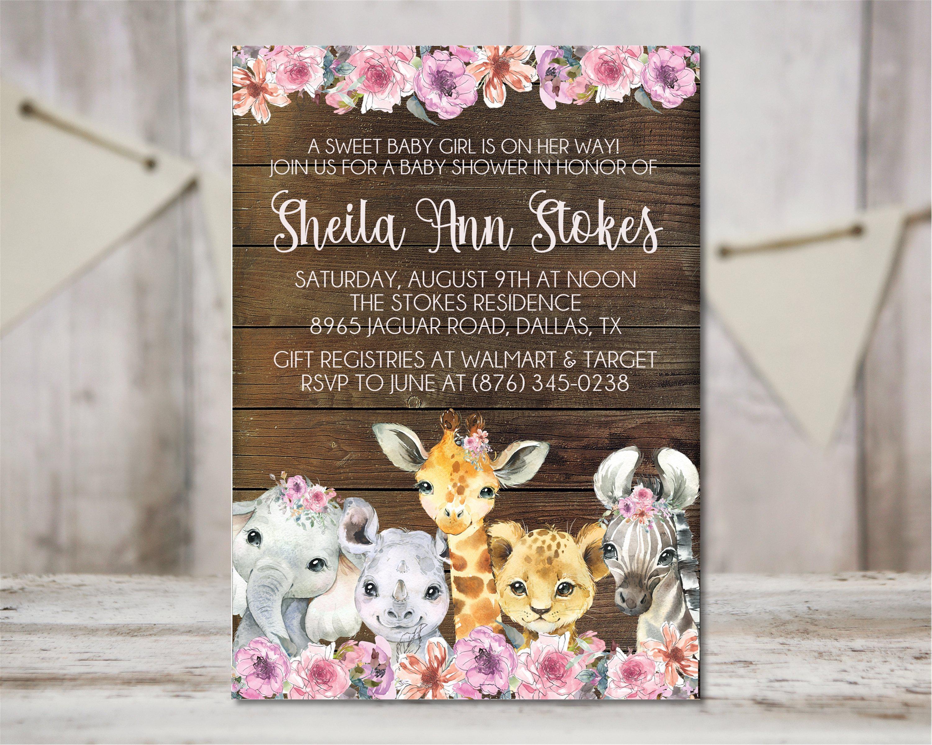 Girls Safari Animals Baby Shower Invitations