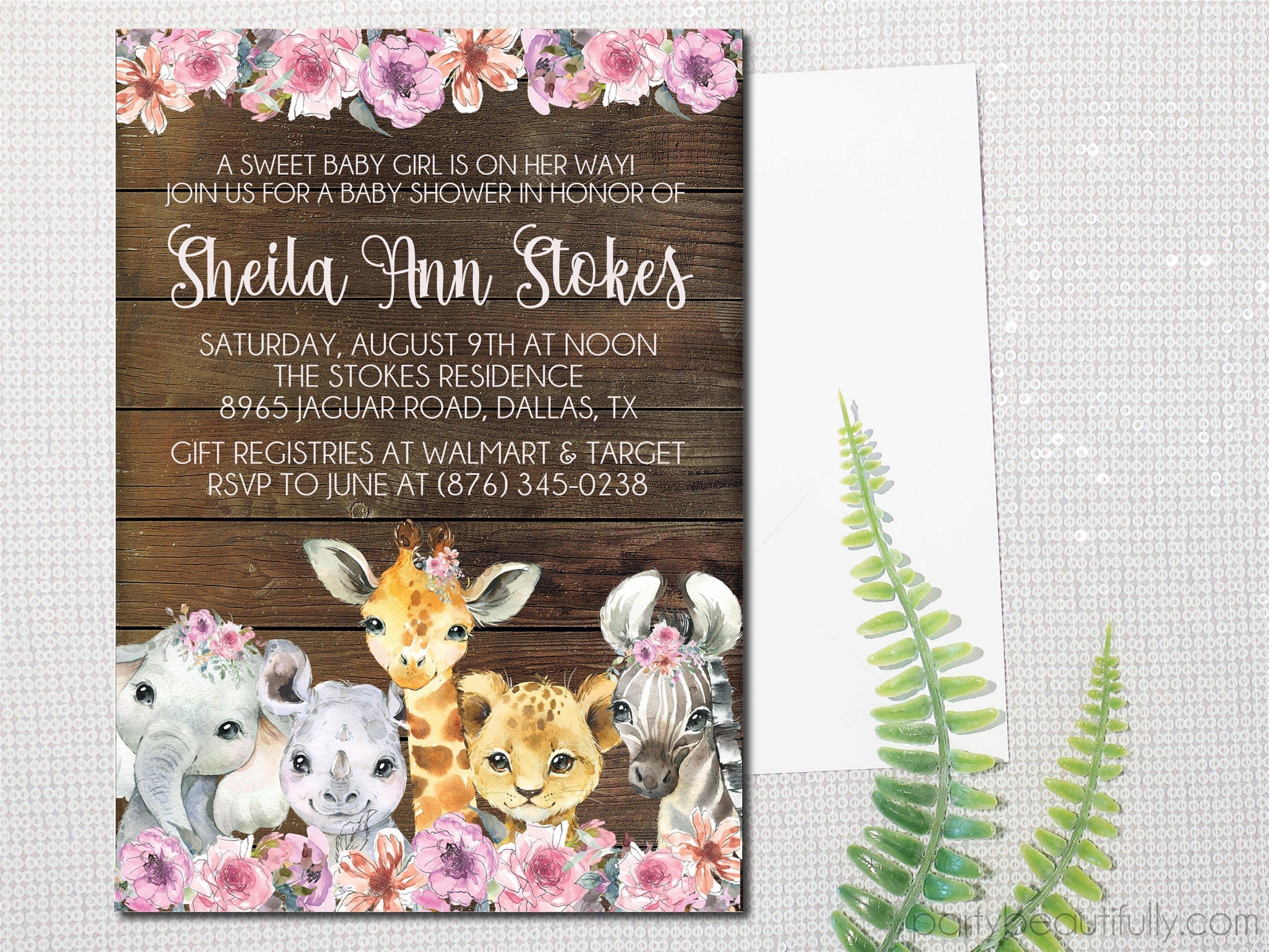 Girls Safari Animals Baby Shower Invitations