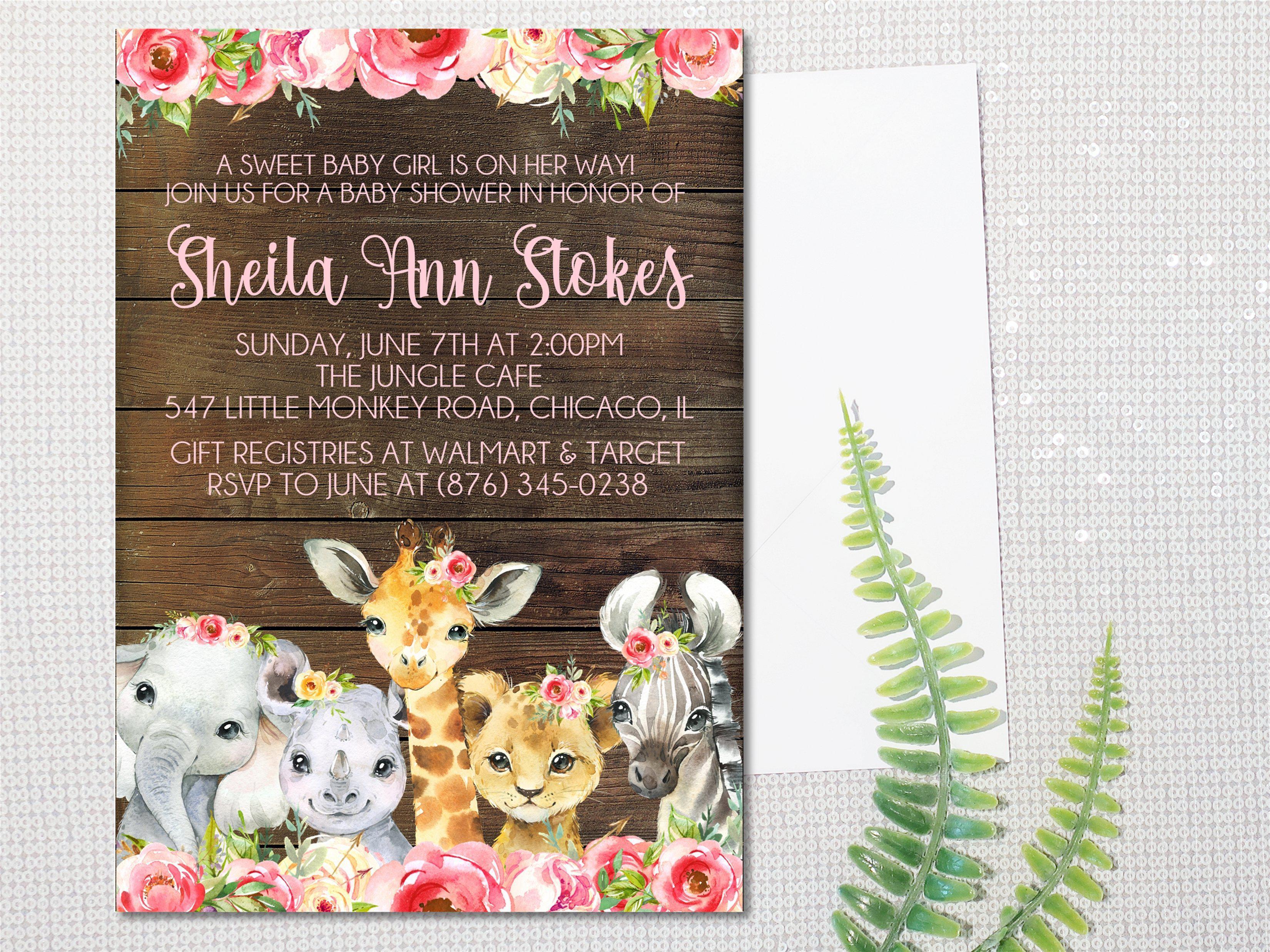 Girls Safari Animals Baby Shower Invitations