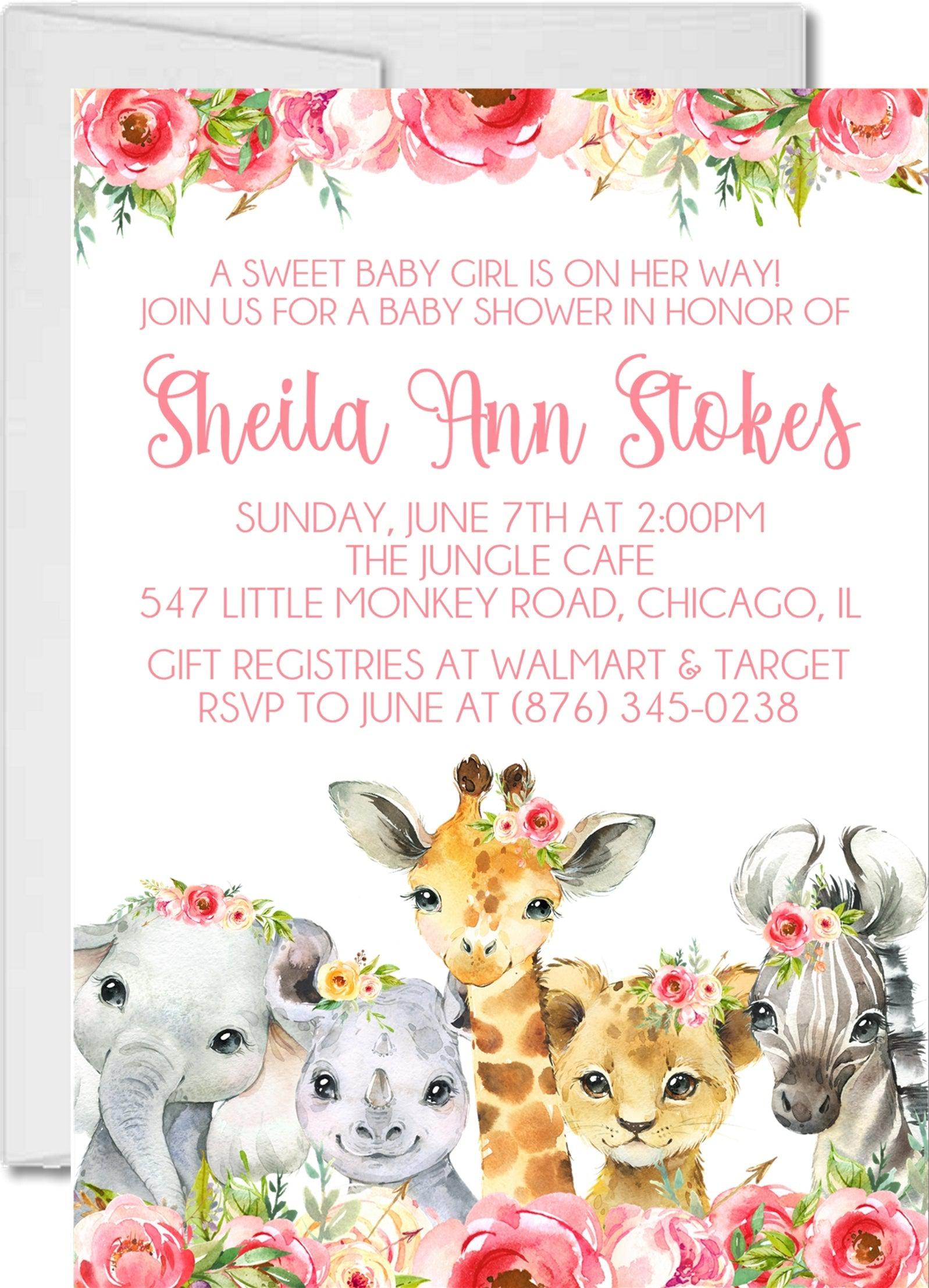 Girls Safari Animals Baby Shower Invitations