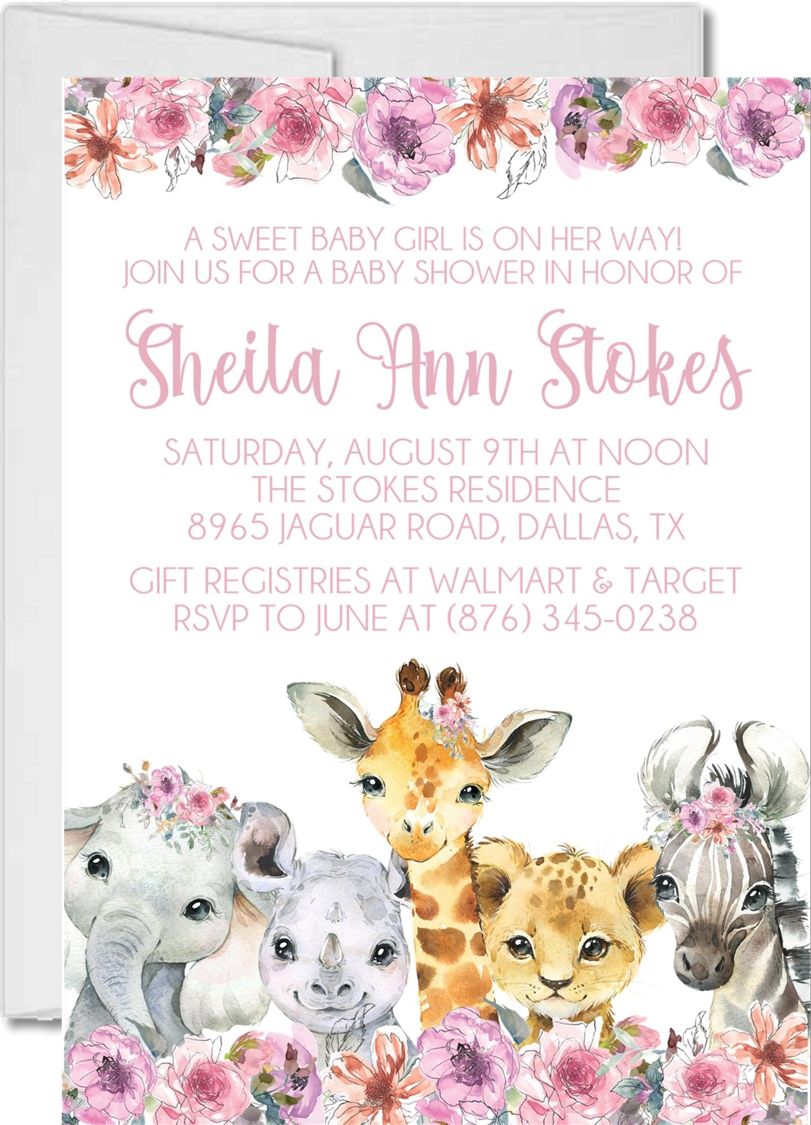 Girls Safari Animals Baby Shower Invitations