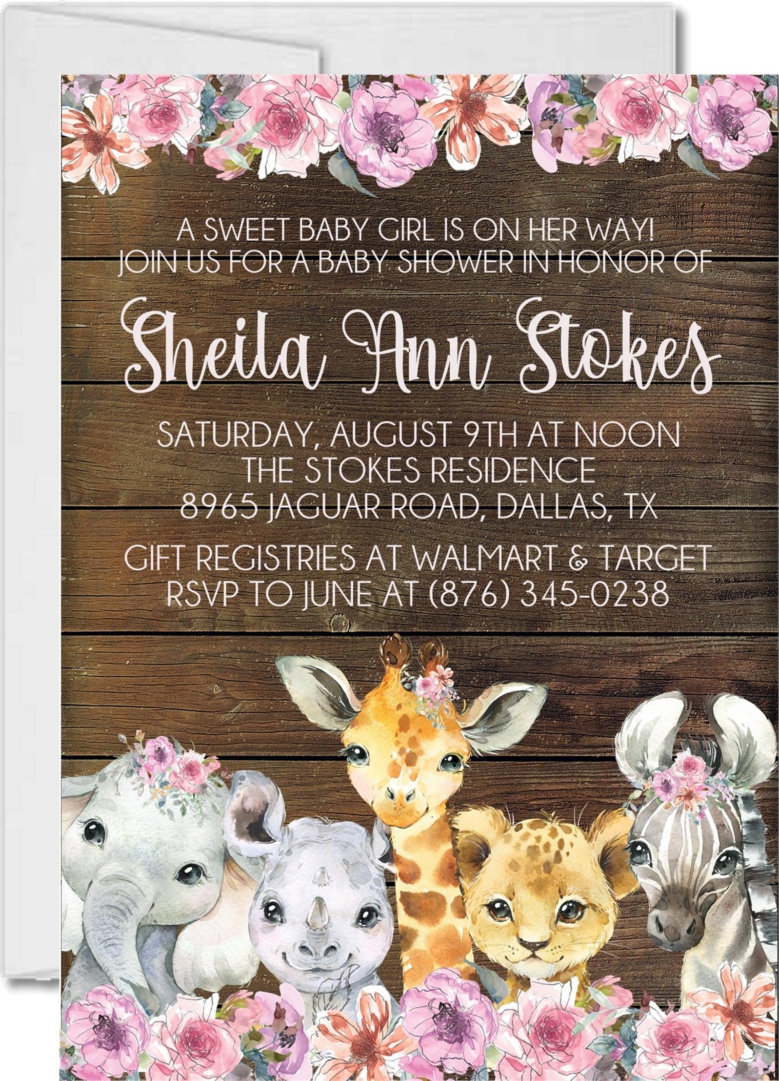 Girls Safari Animals Baby Shower Invitations