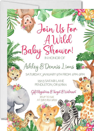 Girls Safari Animals Baby Shower Invitations