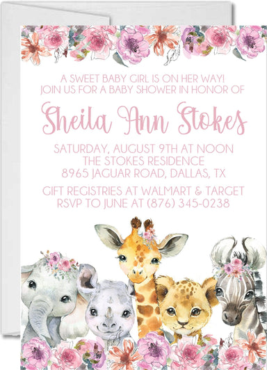 Girls Safari Animals Baby Shower Invitations