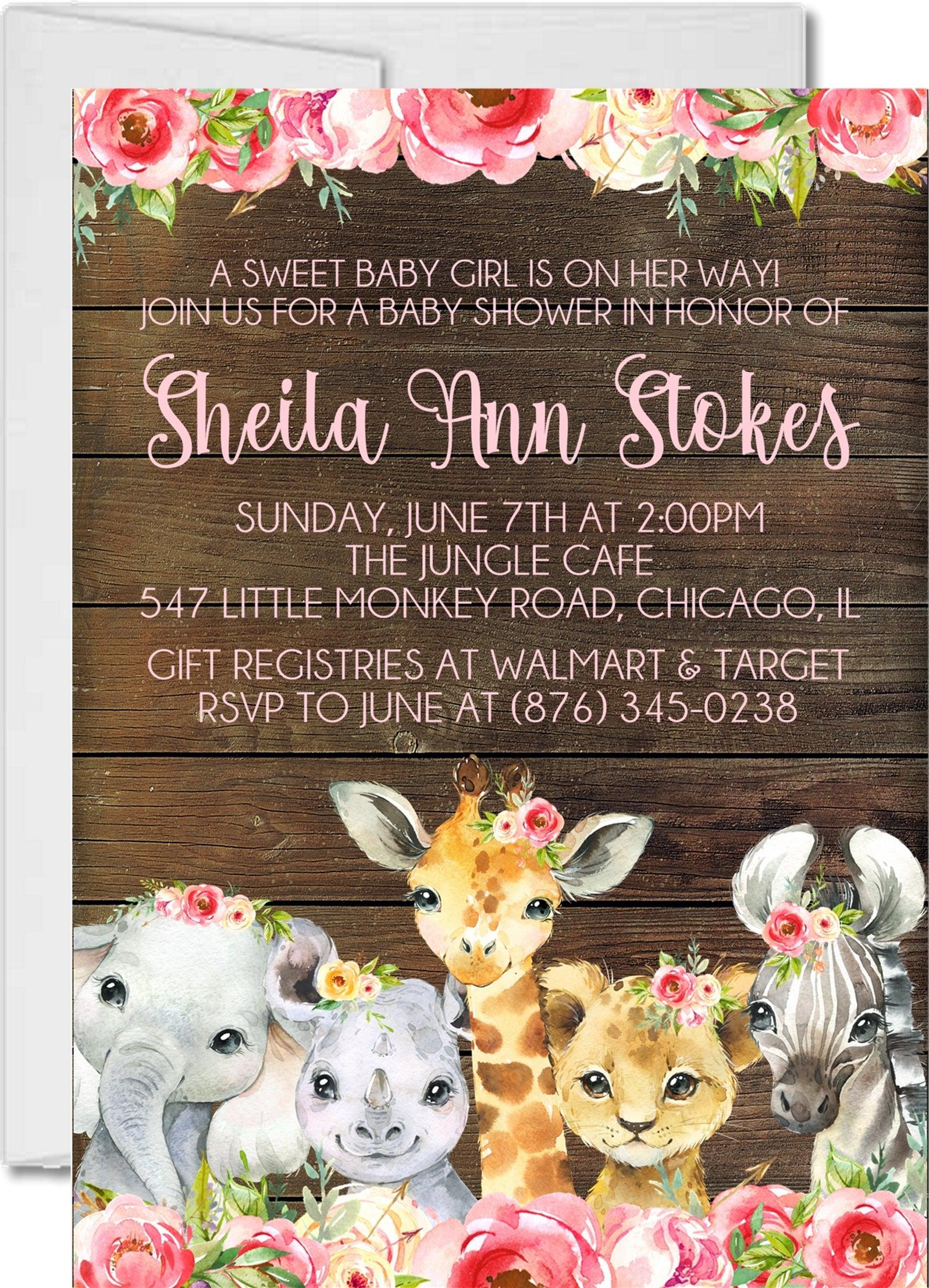 Girls Safari Animals Baby Shower Invitations