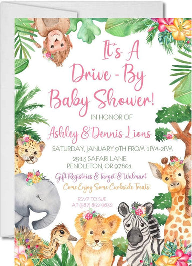 Girls Safari Animals Drive By Baby Shower Invitations