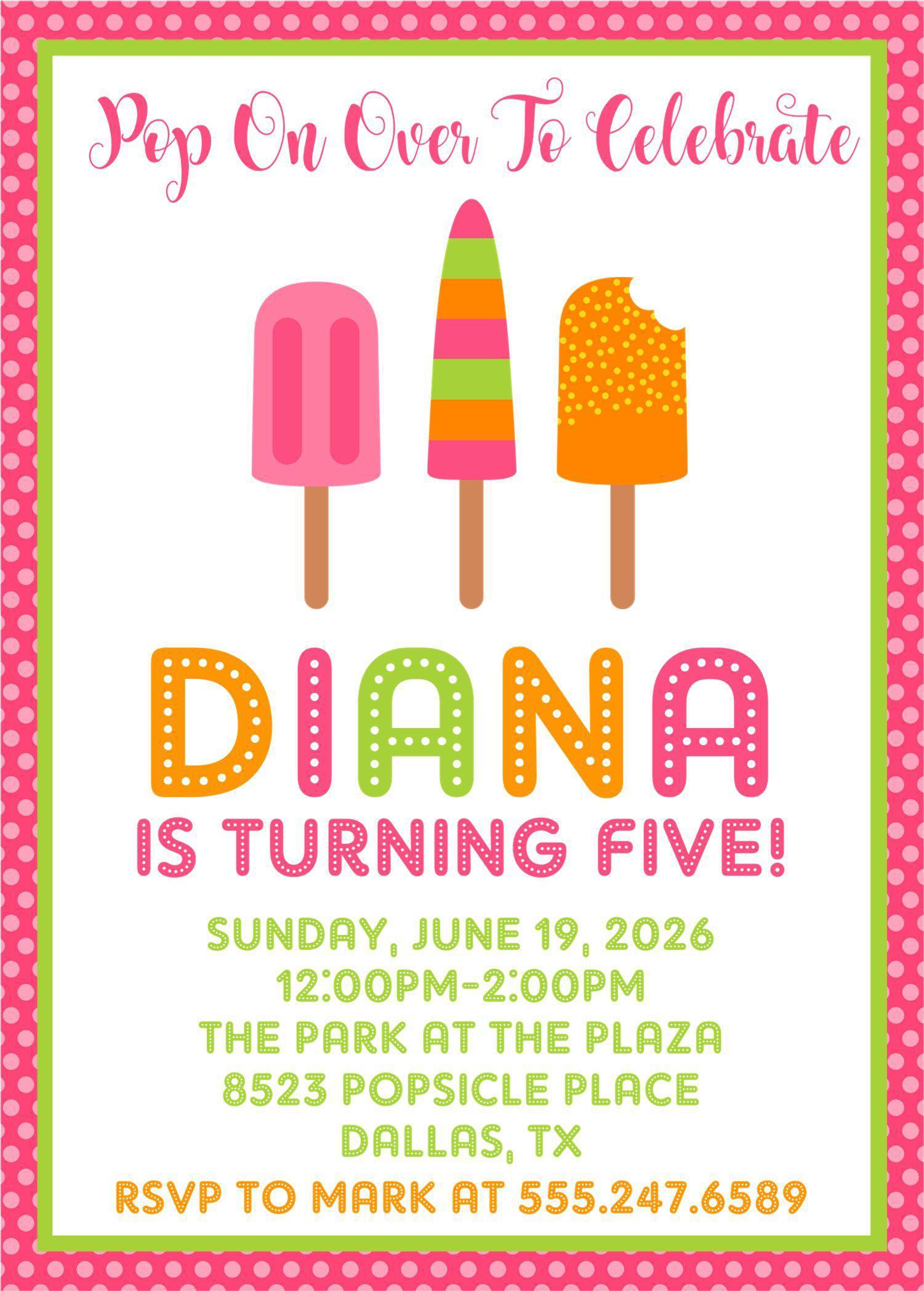 Girls Summer Popsicle Birthday Party Invitations