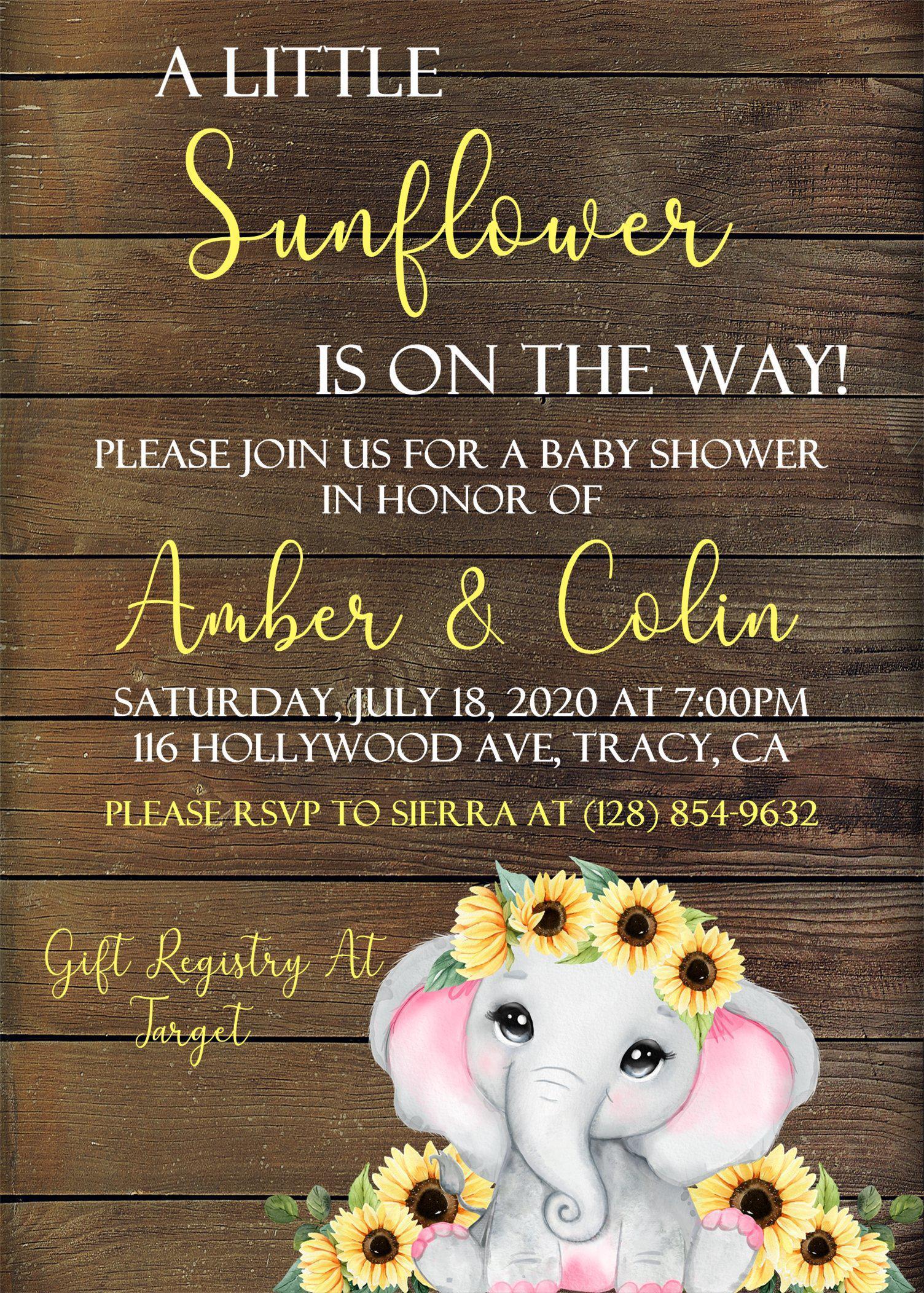 Girls Sunflower Elephant Baby Shower Invitations