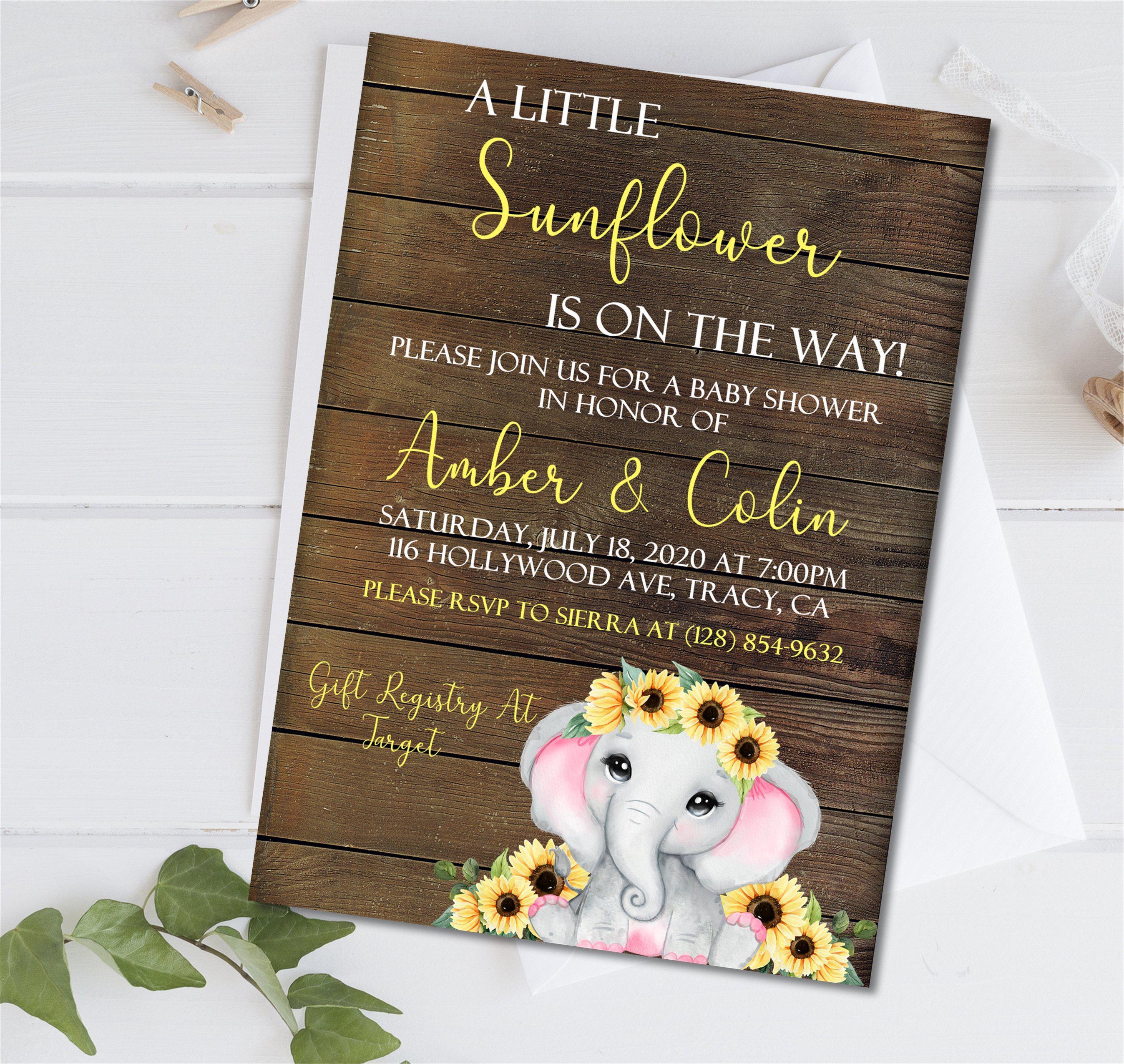 Girls Sunflower Elephant Baby Shower Invitations