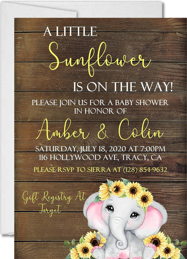 Girls Sunflower Elephant Baby Shower Invitations