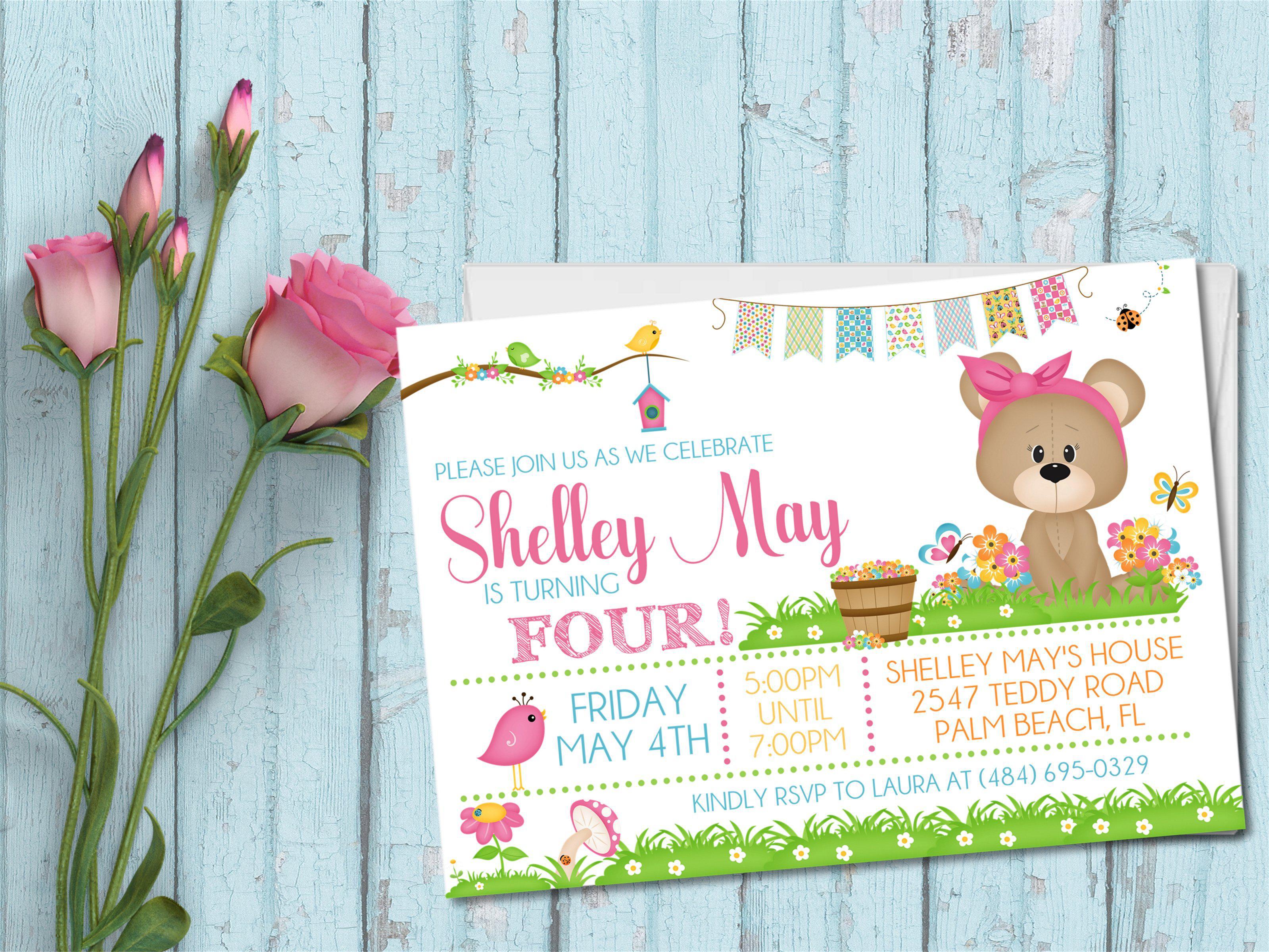 Girls Teddy Bear Birthday Party Invitations