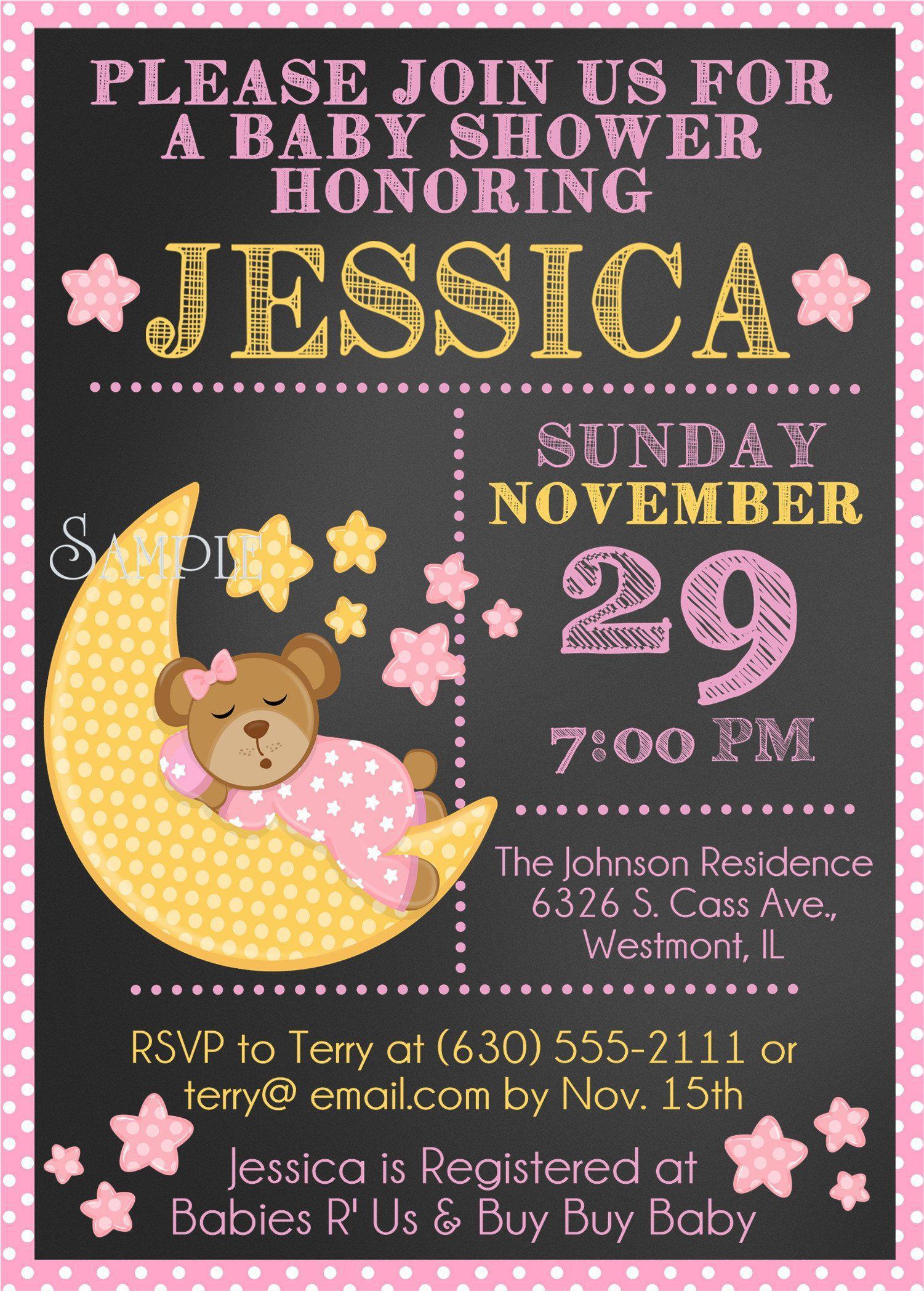 Girls Teddy Bear Over The Moon Bear Baby Shower Invitations