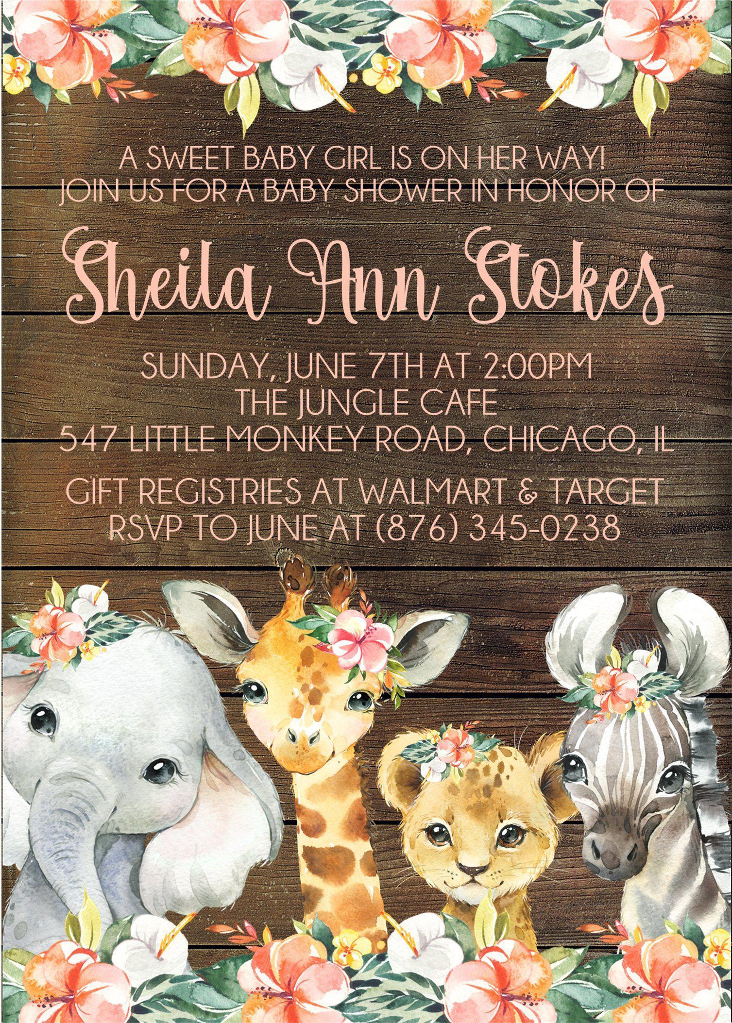 Girls Tropical Safari Animals Baby Shower Invitations