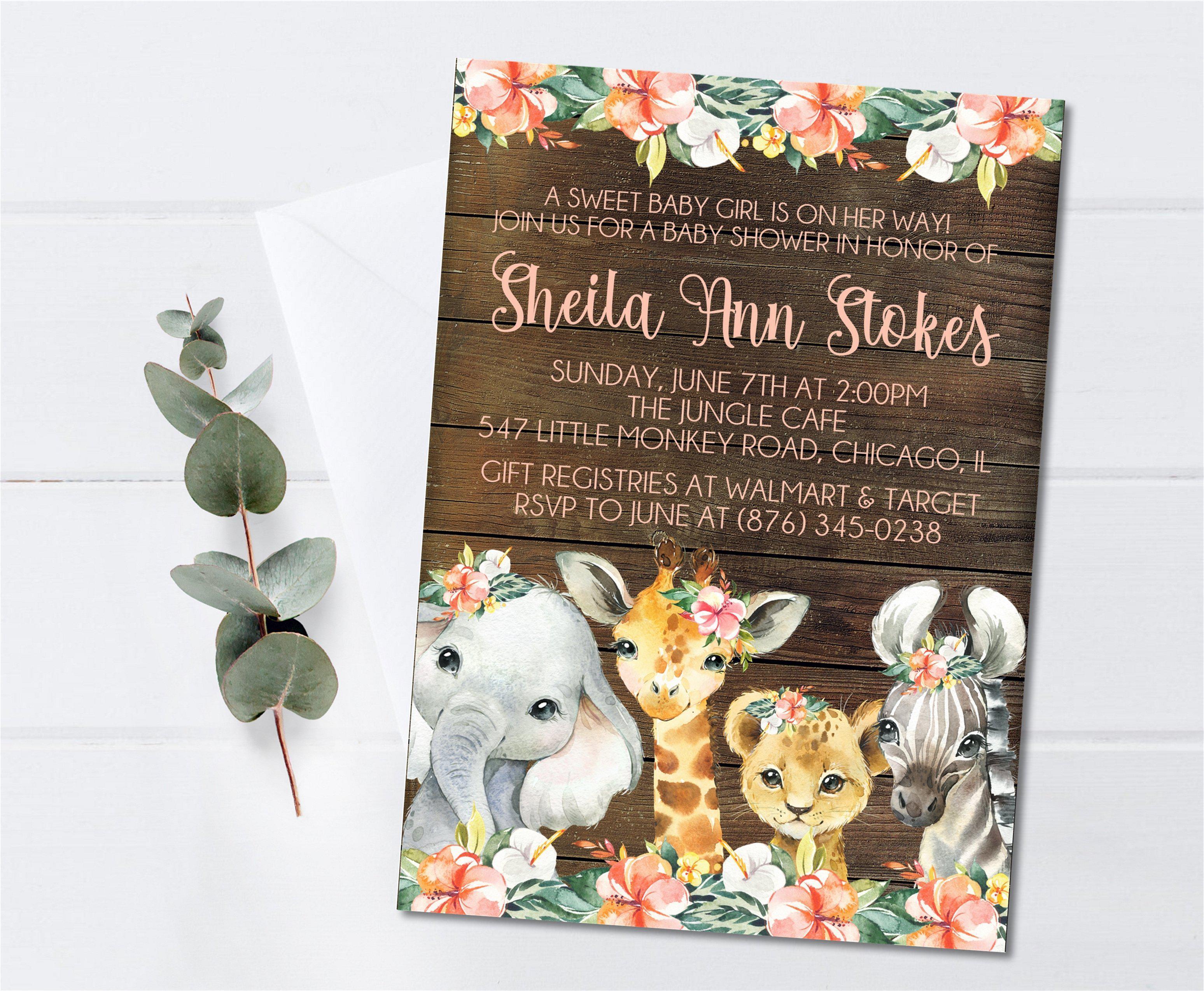 Girls Tropical Safari Animals Baby Shower Invitations