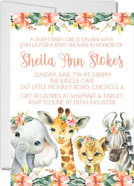 Girls Tropical Safari Animals Baby Shower Invitations