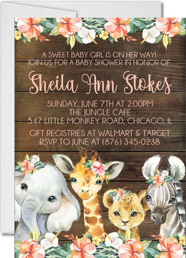 Girls Tropical Safari Animals Baby Shower Invitations