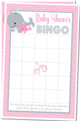 Girls Whale Baby Shower Bingo Cards