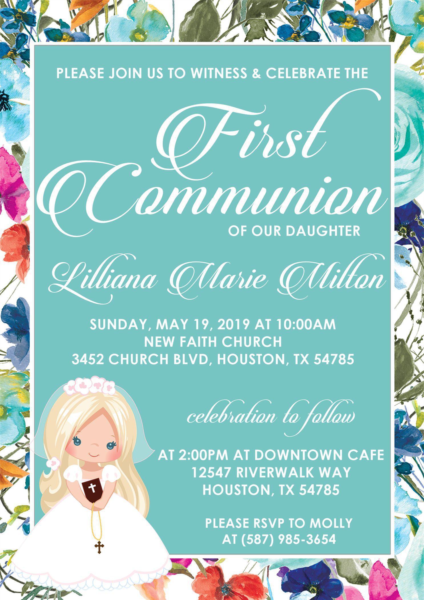 Girls Wildflower First Holy Communion Invitations