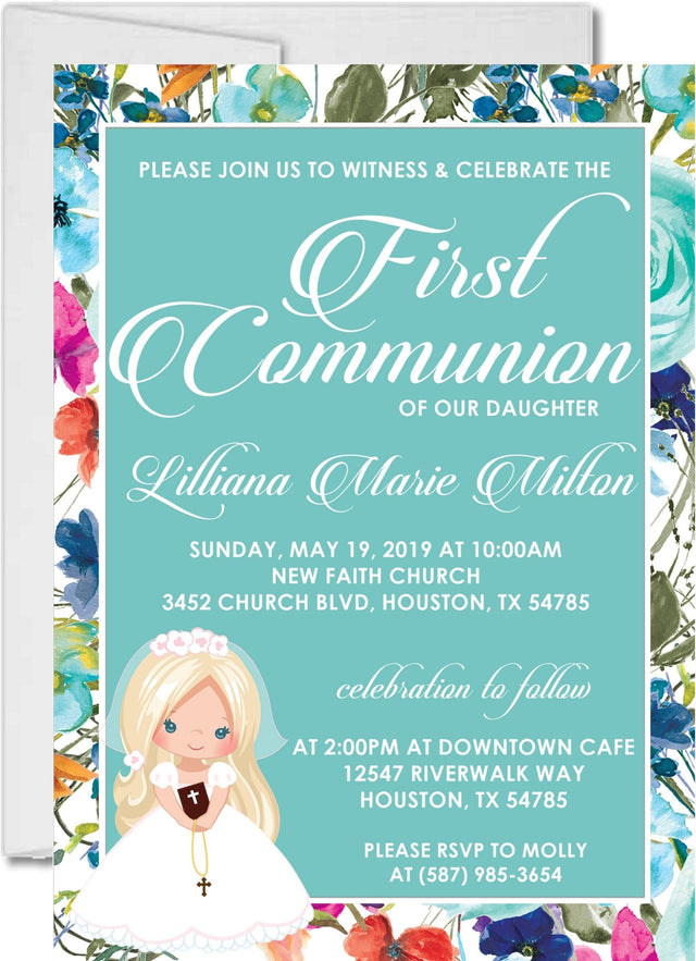Girls Wildflower First Holy Communion Invitations