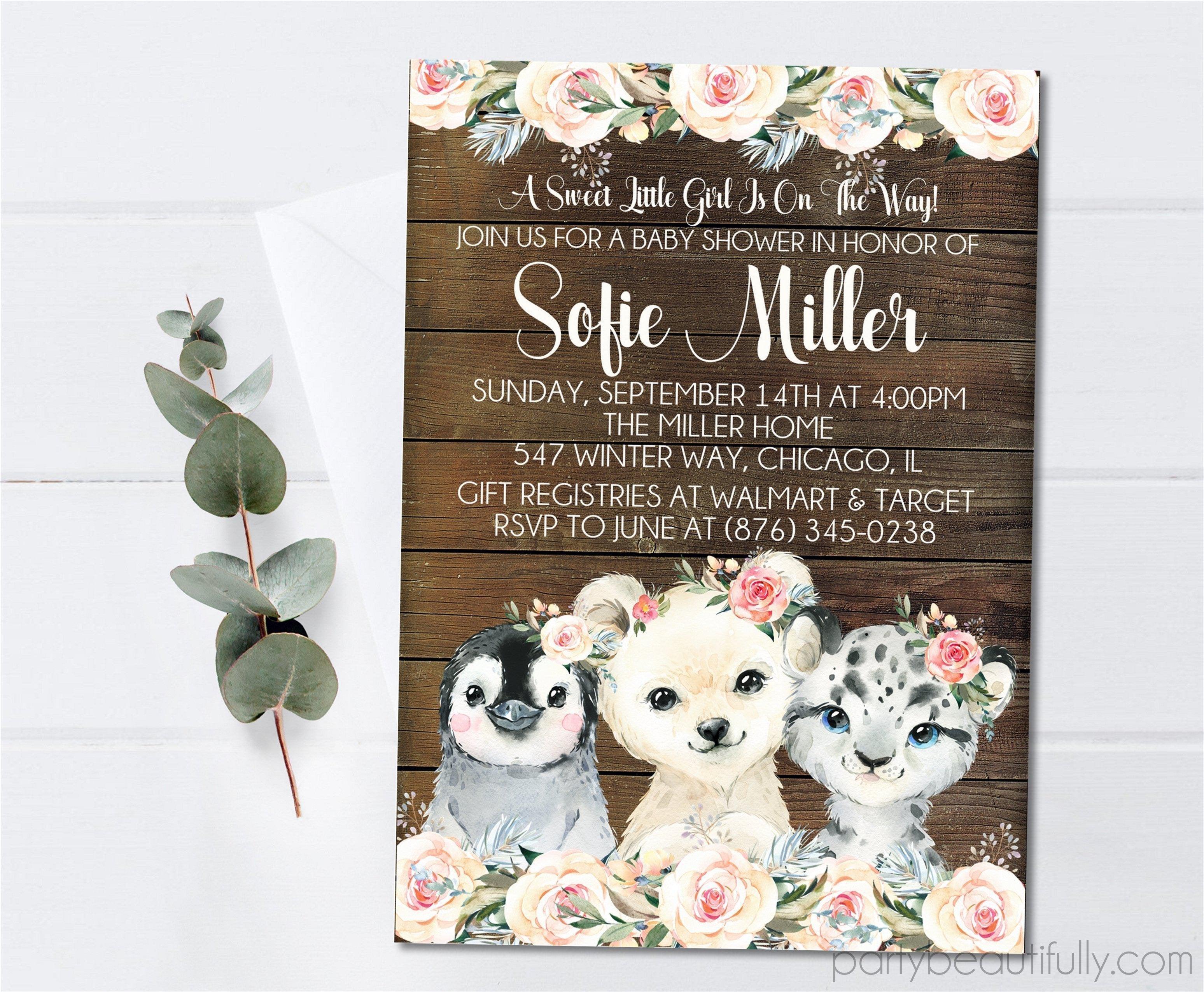 Girls Winter Arctic Animals Baby Shower Invitations