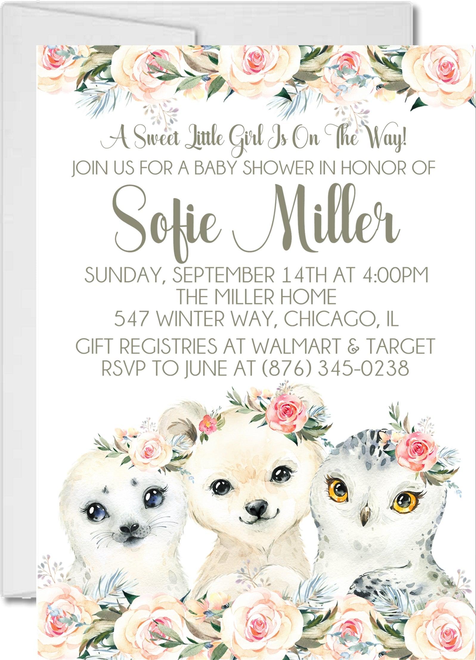 Girls Winter Arctic Animals Baby Shower Invitations