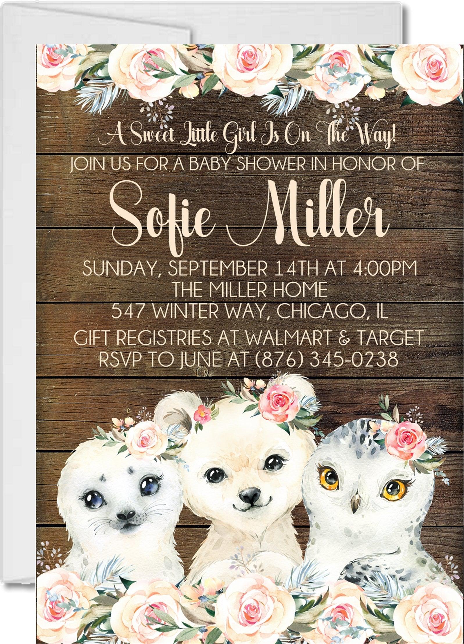 Girls Winter Arctic Animals Baby Shower Invitations