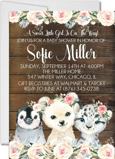 Girls Winter Arctic Animals Baby Shower Invitations