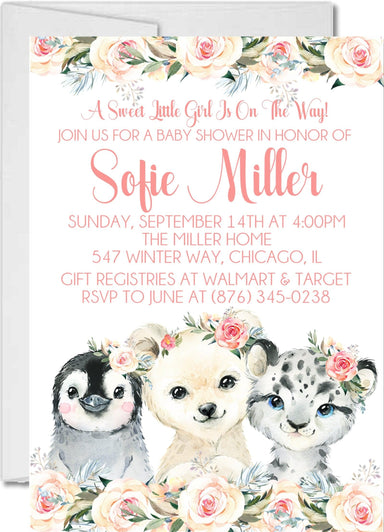 Girls Winter Arctic Animals Baby Shower Invitations