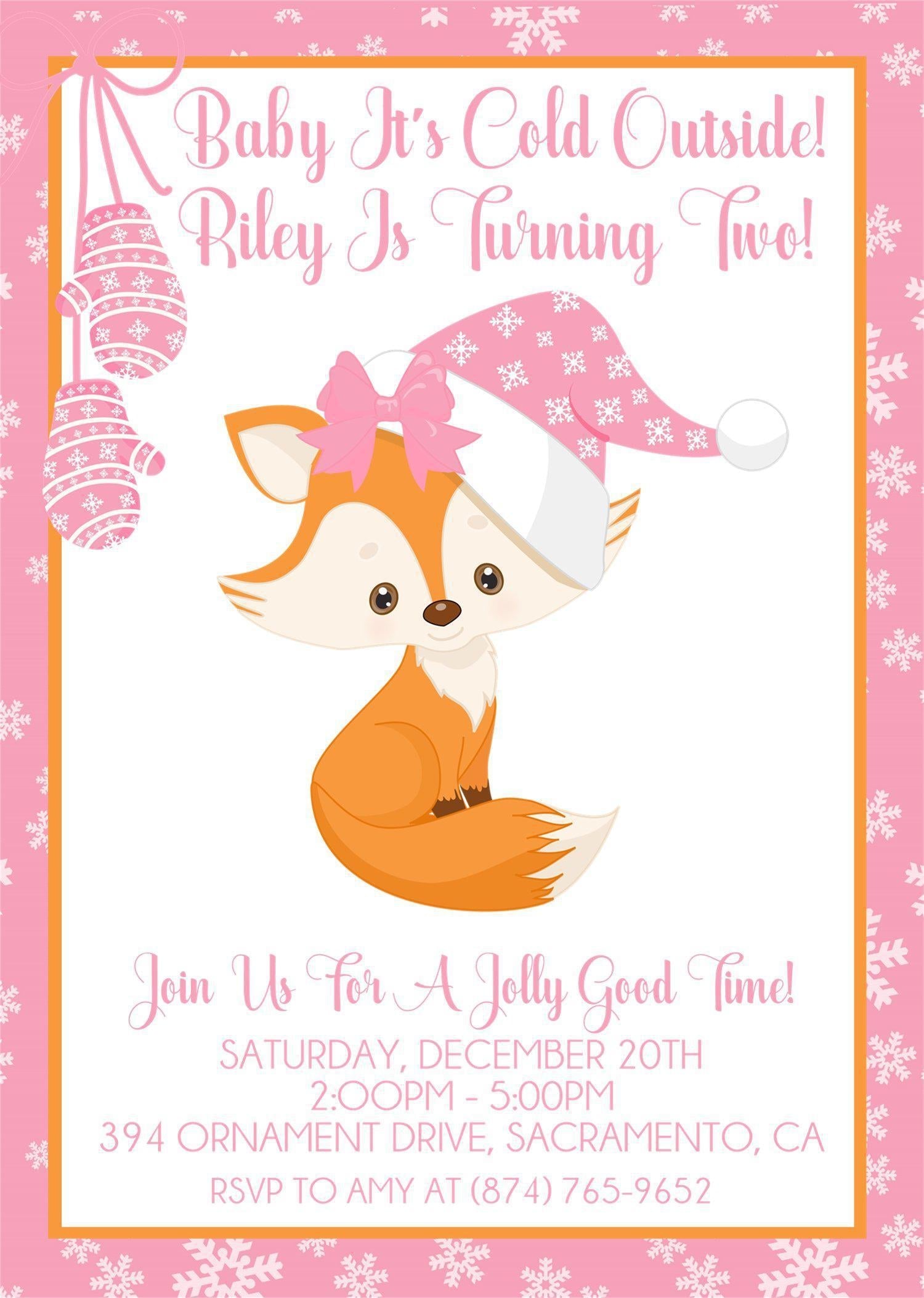 Girls Winter Fox Birthday Party Invitations