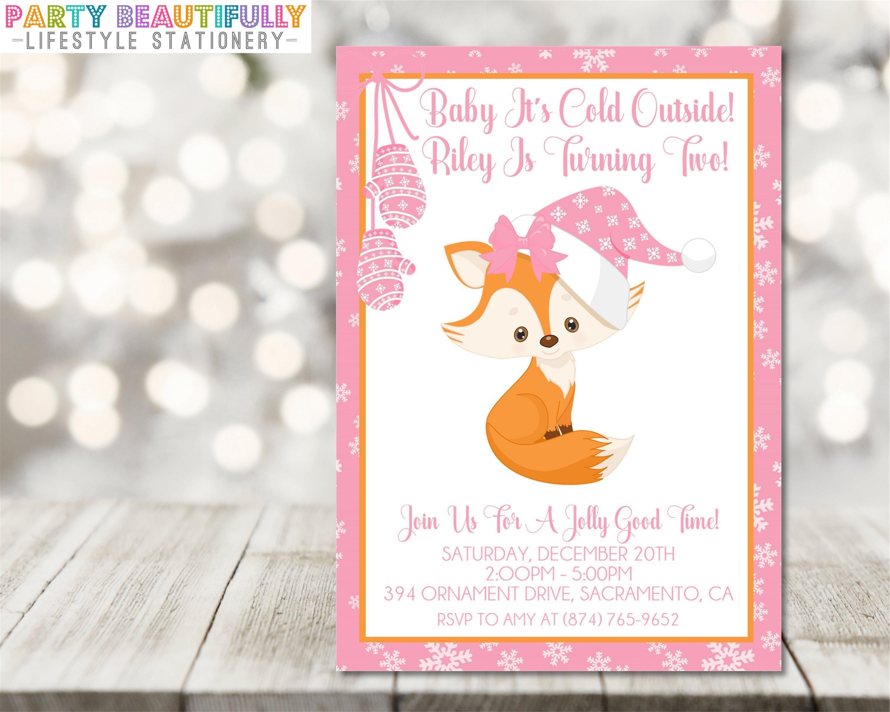 Girls Winter Fox Birthday Party Invitations