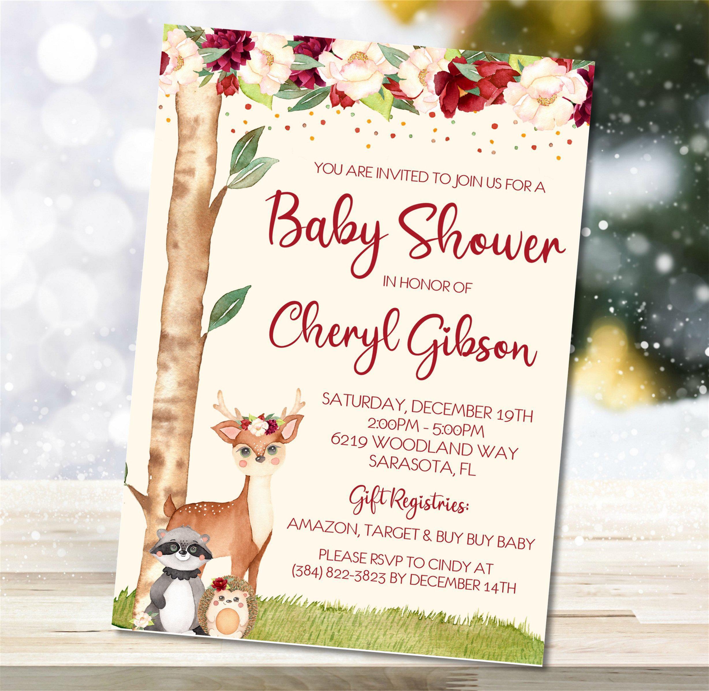 Girls Woodland Animals Baby Shower Invitations