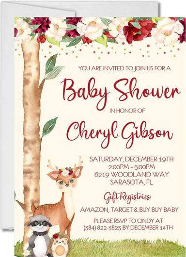 Girls Woodland Animals Baby Shower Invitations