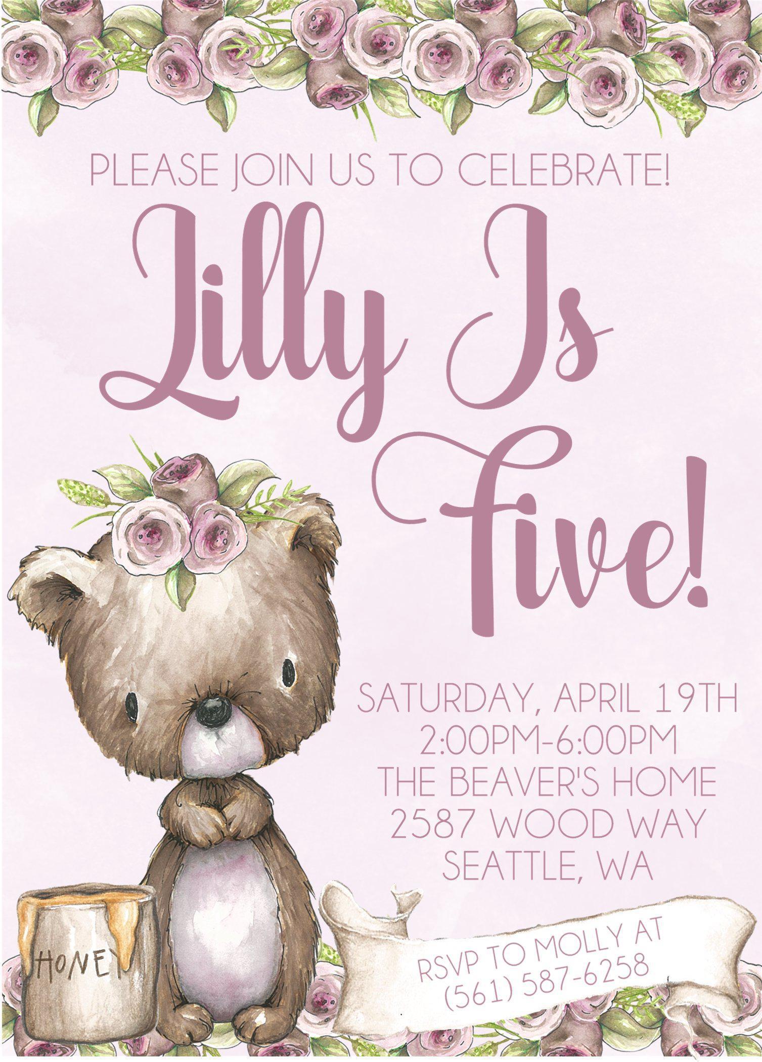 Girls Woodland Bear Birthday Party Invitations